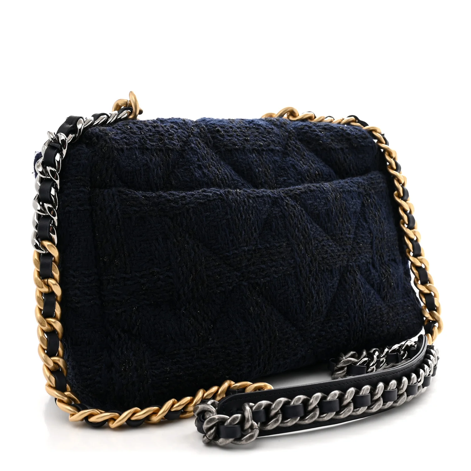 Tweed Quilted Large Chanel 19 Flap Navy Blue