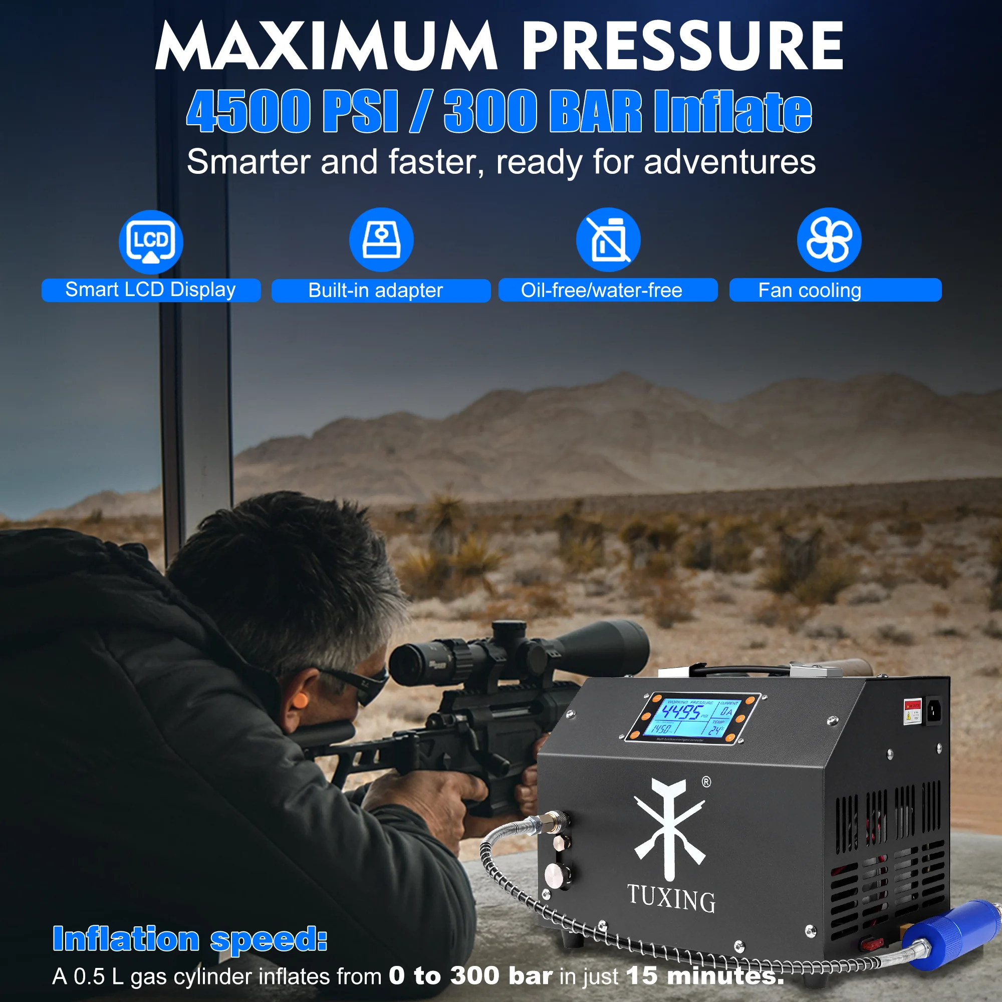 PCP Air Compressor LCD Display 4500Psi Built-in Converter Auto-Stop Portable Air Pump 110V - Image 4
