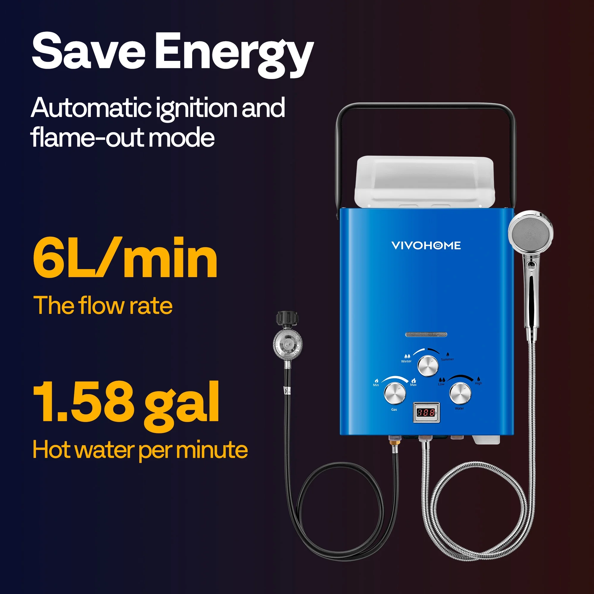RV Portable Propane Tankless Water Heater, 1.6GPM 6L RV Tankless Automotive Water Heater with Digital Display for RV Use, Blue(Blue) - Image 9