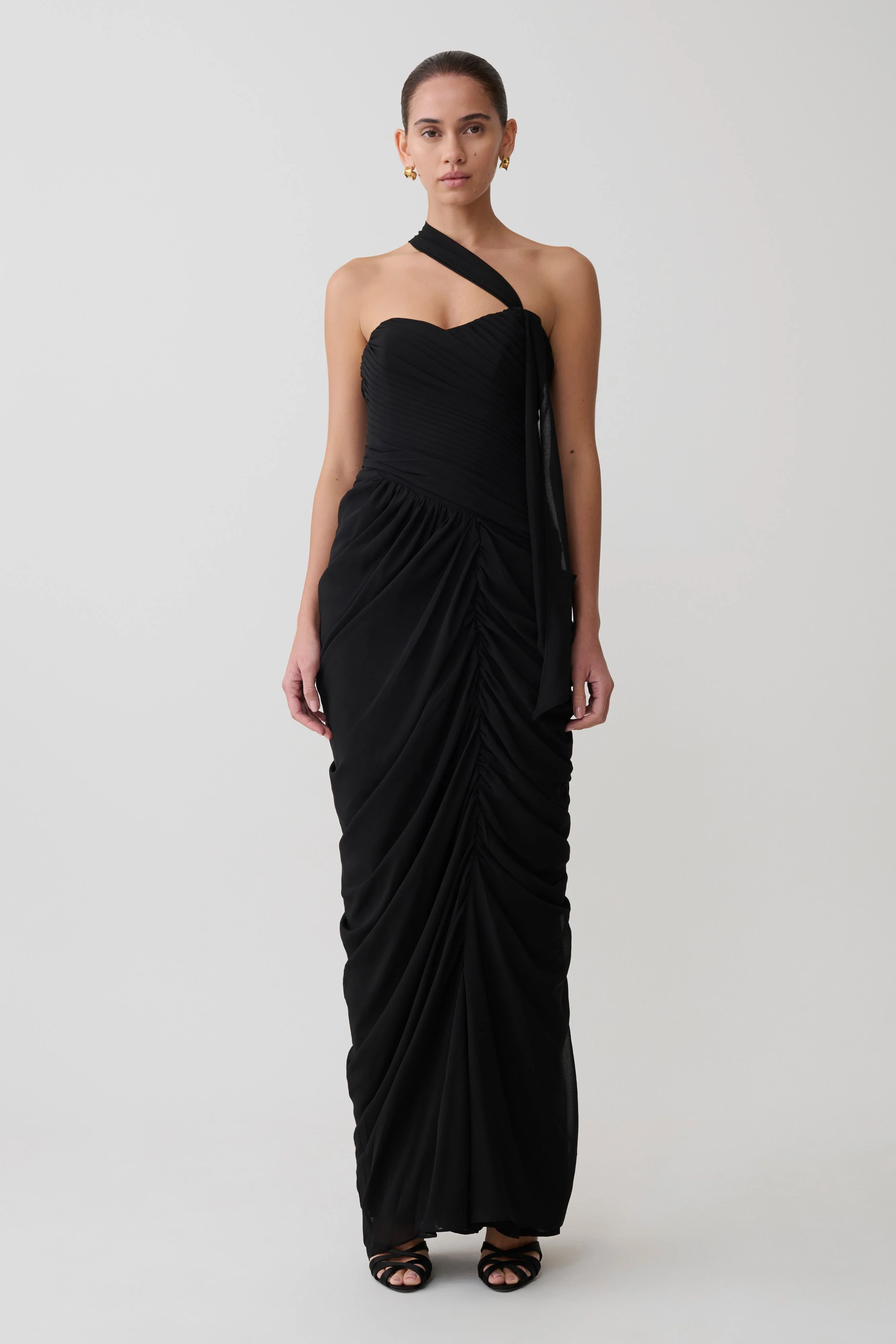 Micaela Chiffon Gathered Maxi Dress - Black