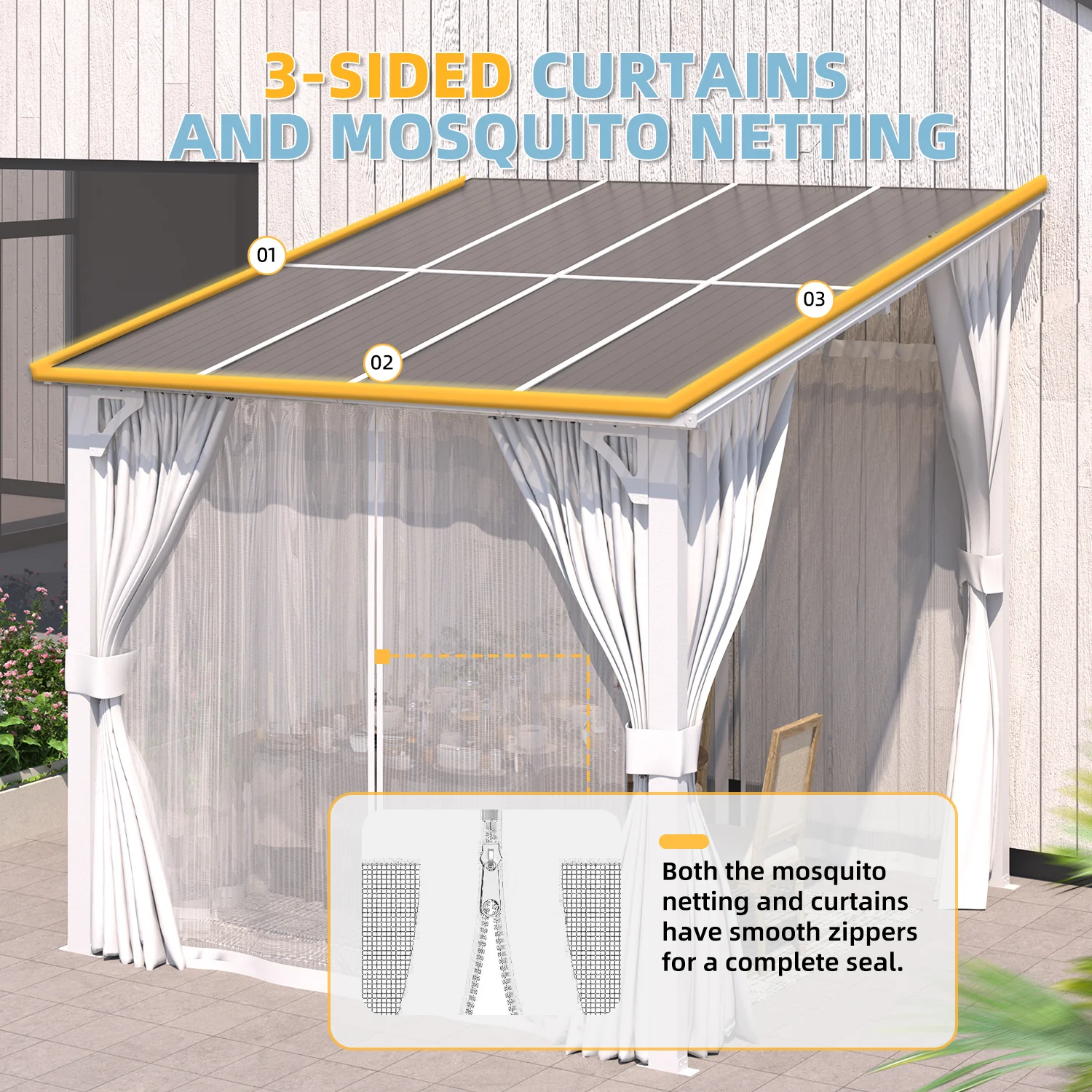 AECOJOY 8'x8' Wall Gazebo with Curtains and Mosquito Netting, White