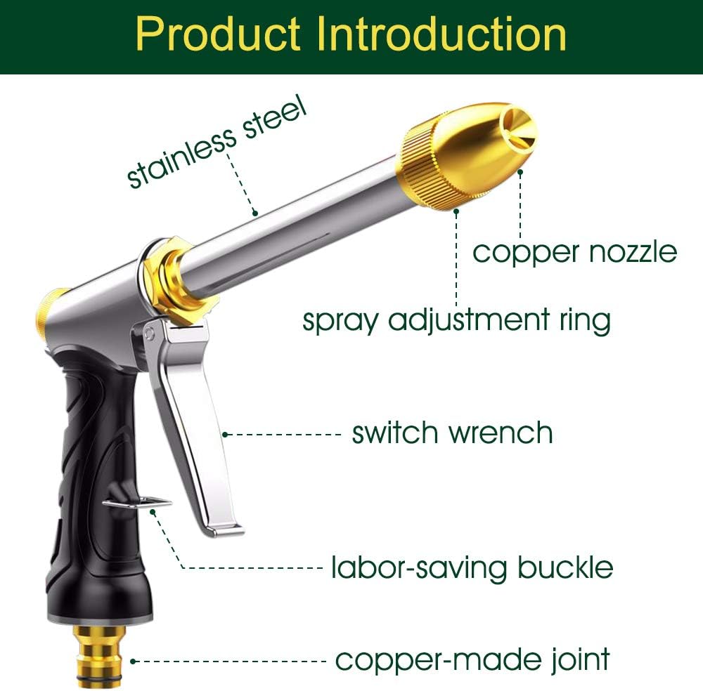 Upgrade Water Hose Nozzle Long Rod Garden Hose Nozzle Heavy Duty Metal Brass Sprayer 360° Rotating spray gun for car wash, plants and lawn, patio gardening, pet shower hose nozzle + quick connector
