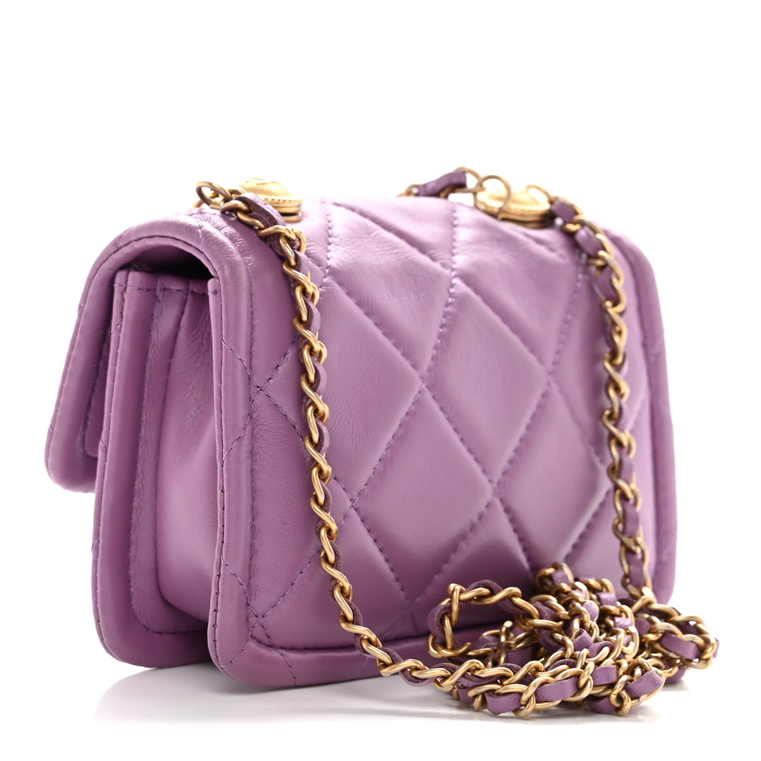 Shiny Lambskin Quilted Extra Mini Flap Purple