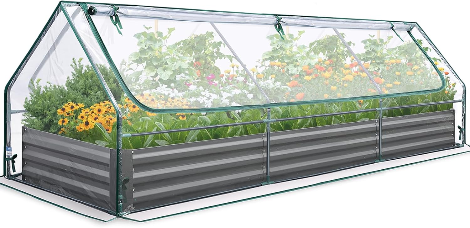 Raised Garden Bed Galvanized Raised Beds for Gardening Vegetables with Cover 8X4X1 ft Metal Planter Box Outdoor Use (Clear