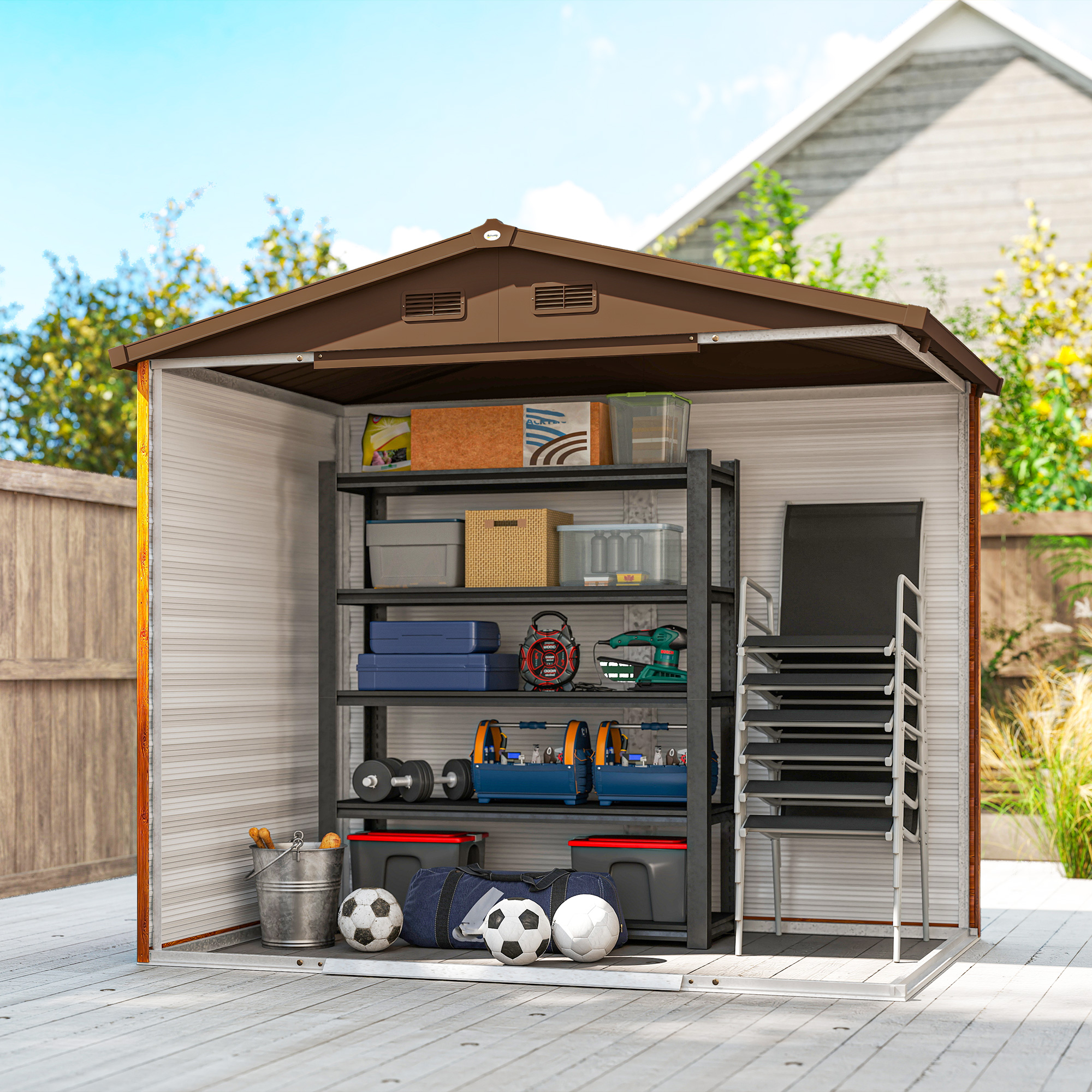 Outsunny Tuinschuur, gereedschapsschuur, tuinhuis met ramen, weerbestendig, houtlook, staal, 152 x 235,7 x 208,7 cm, Bruin