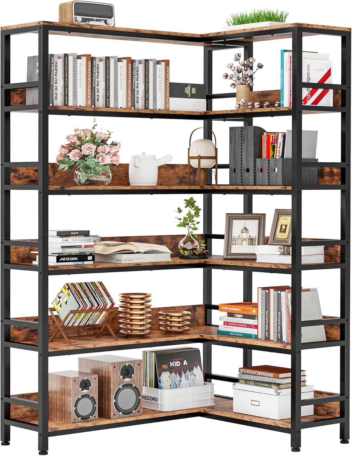 IRONCK Corner Bookshelf 6 Tiers, Industrial Corner Bookcase with Baffles Etagere, L Shaped Bookshelves with Metal Frame, Corner Shelf Storage Rack for Living Room Home Office