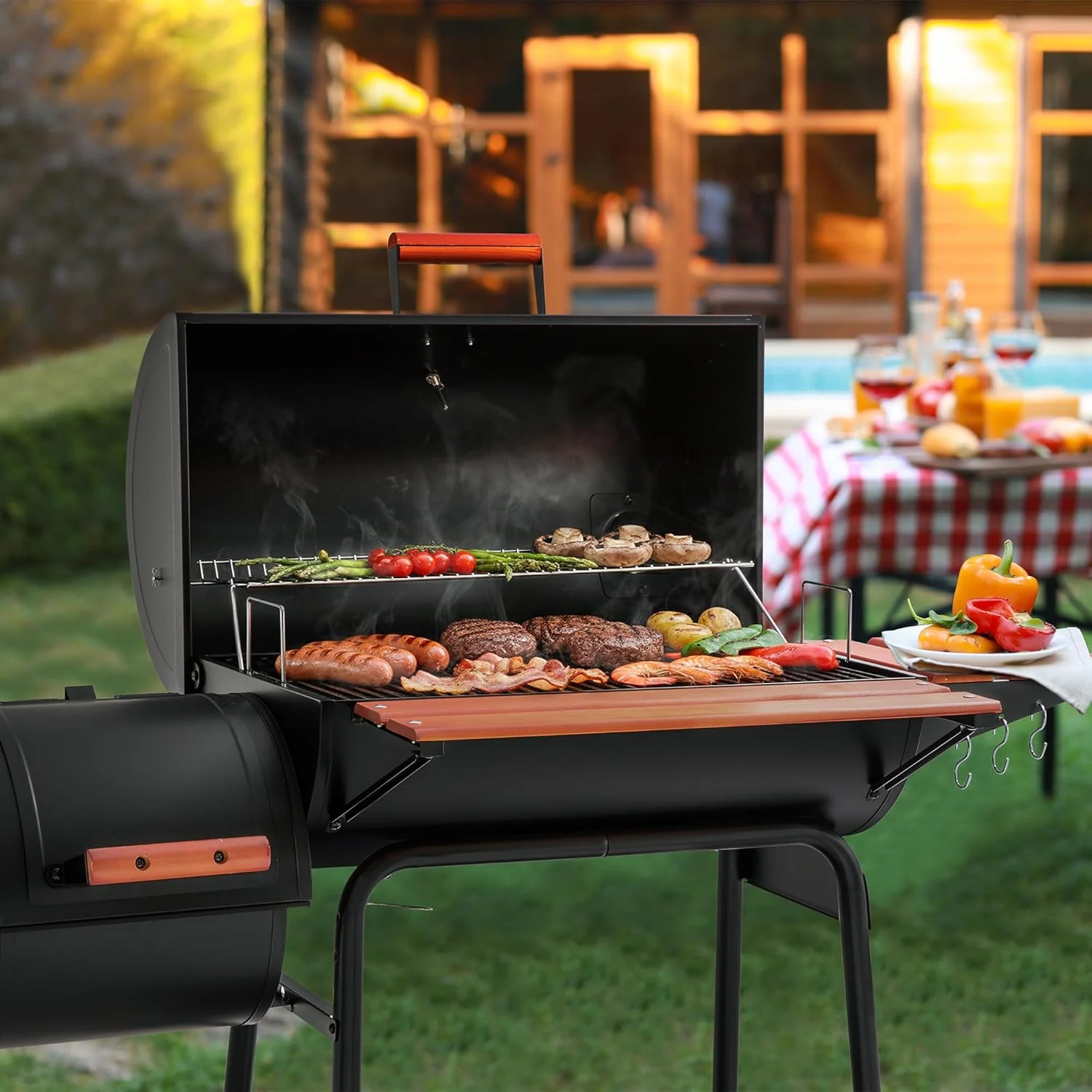 Royal Gourmet CC1830W 30-Inch Charcoal Grill with Offset Smoker and Wood-Painted Side Table Outdoor Smoker Grill with 811 Sq. In. Cooking Area for Outdoor Barbecue Event Black