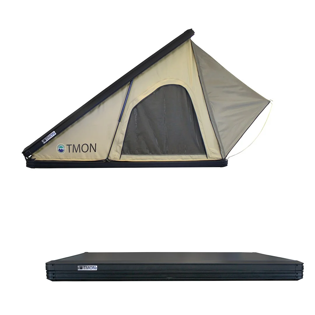 LD TMON Clamshell Aluminum Hard Shell Roof Top Tent 2 Person Capacity, Tan Body Green Rainfly - Image 8