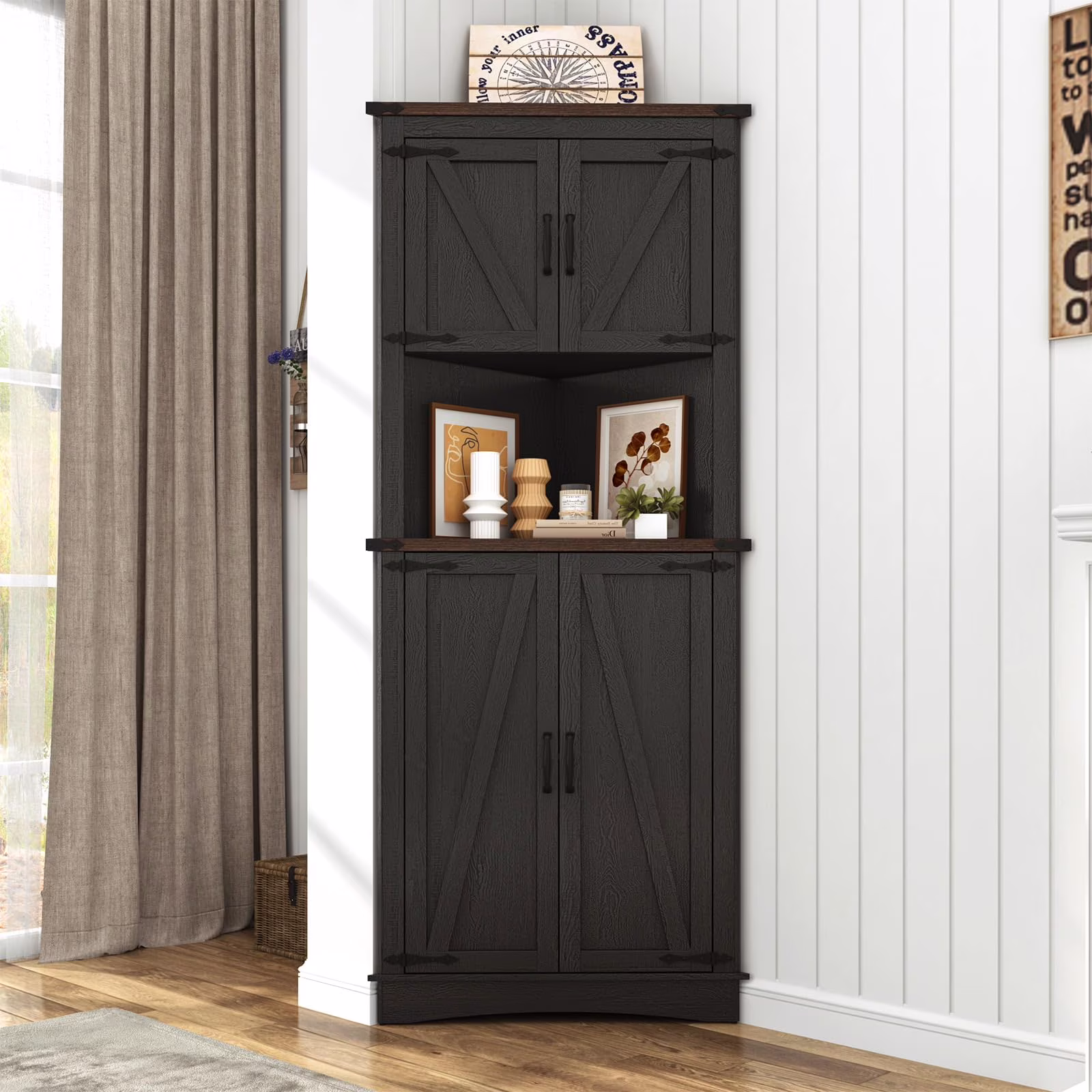 68" Tall Farmhouse Corner Cabinet with 4 Doors, 28.3" W Barn Door Storage Cabinet with Adjustable Shelves, 5 Tier Corner Storage Cabinet for Bathroom,Living Room,Kitchen(28.3" Wide/White-Brown) - Image 8