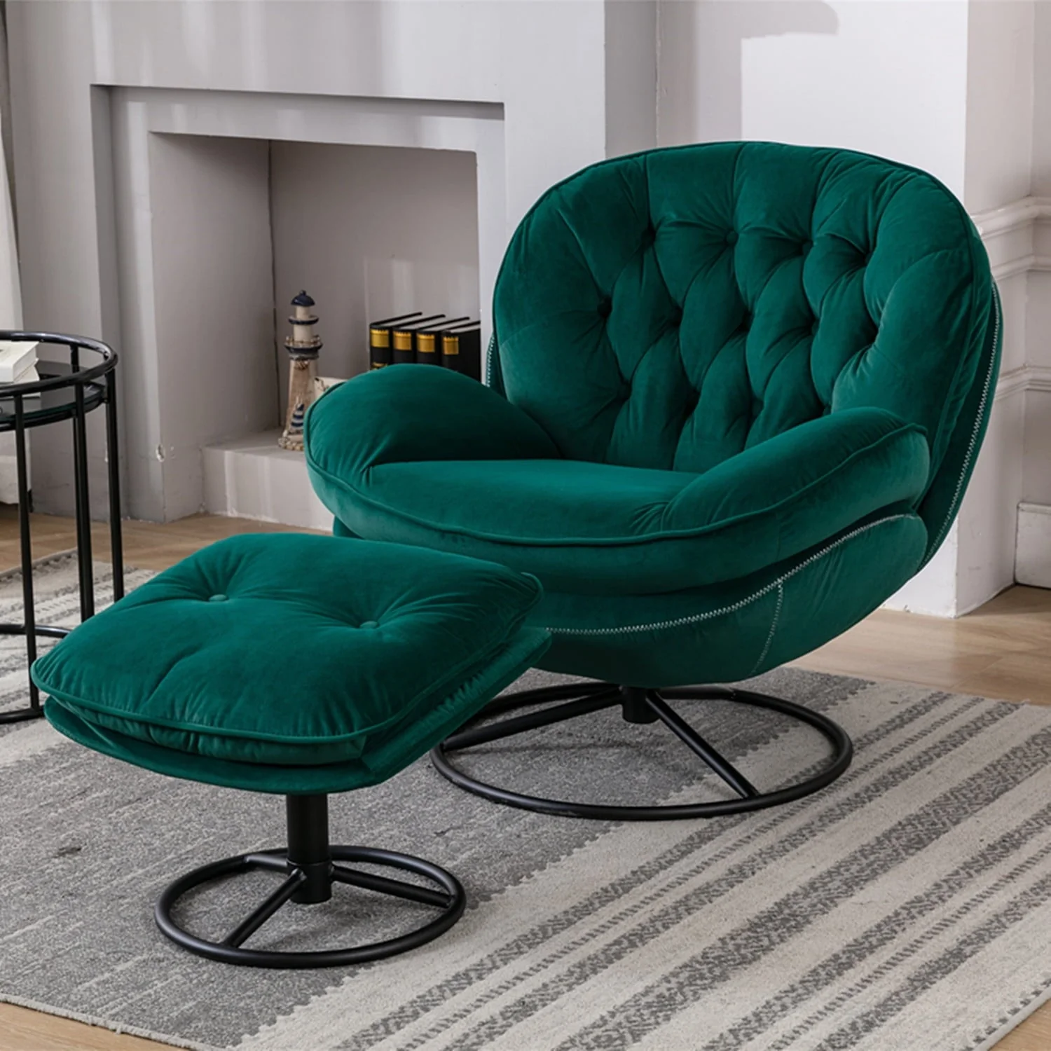Velvet Swivel Accent Chair with Ottoman Set, Modern Lounge Chair with Footrest and Metal Base Comfy Armchair with 360 Degree Swiveling Single Sofa Chair Accent Chairs for Living Room, Green(Beige) - Image 2