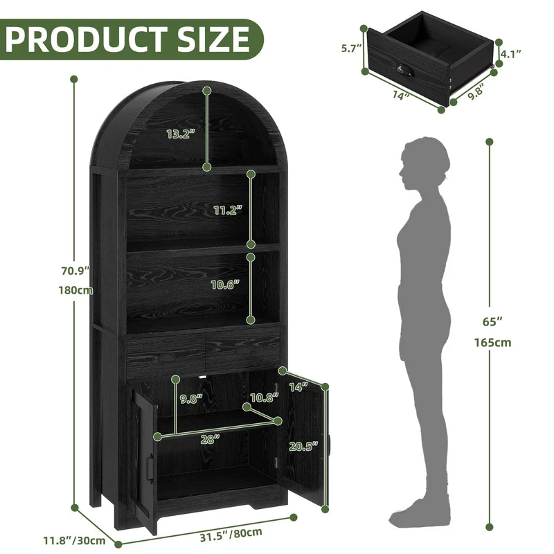 71 " Tall Bookshelf with Storage, Wooden Arched Bookcase with 2 Drawers and Shelves for Living Room, Black - Image 3