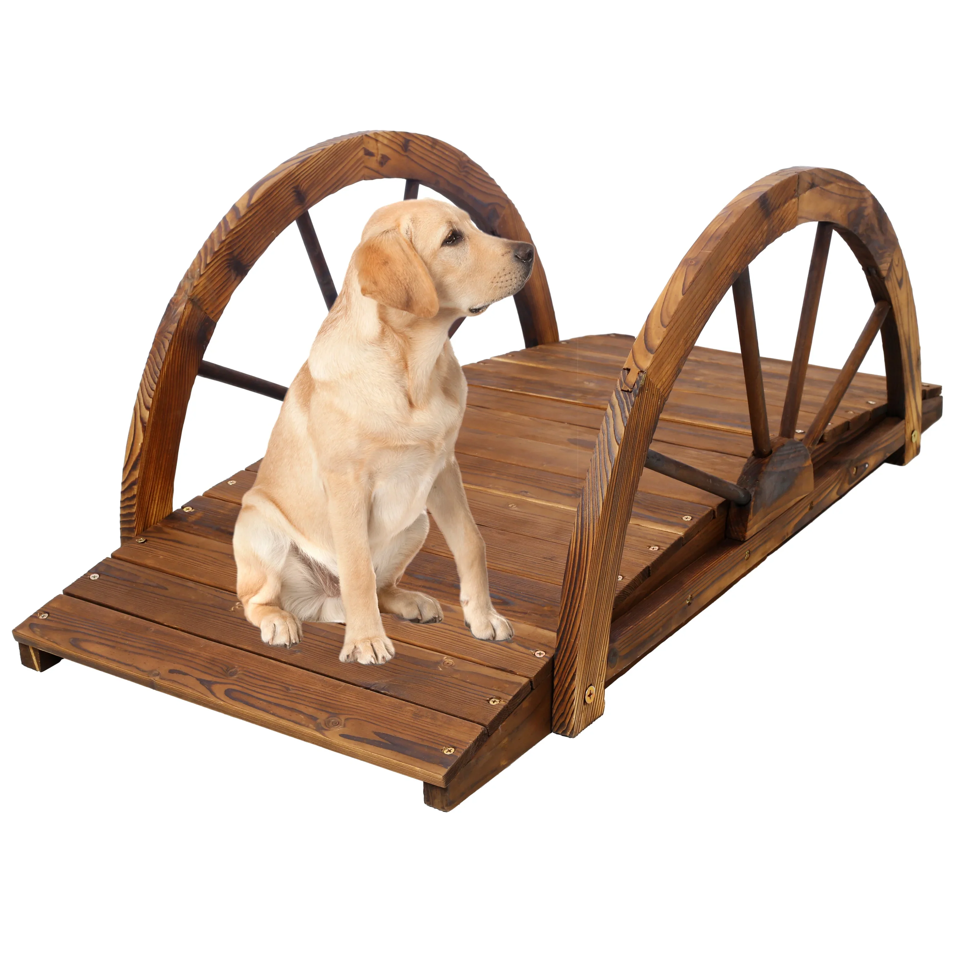 3.3ft Wooden Garden Bridge Arc Footbridge with Half-Wheel Style Railings & Solid Fir Construction, Stained Wood