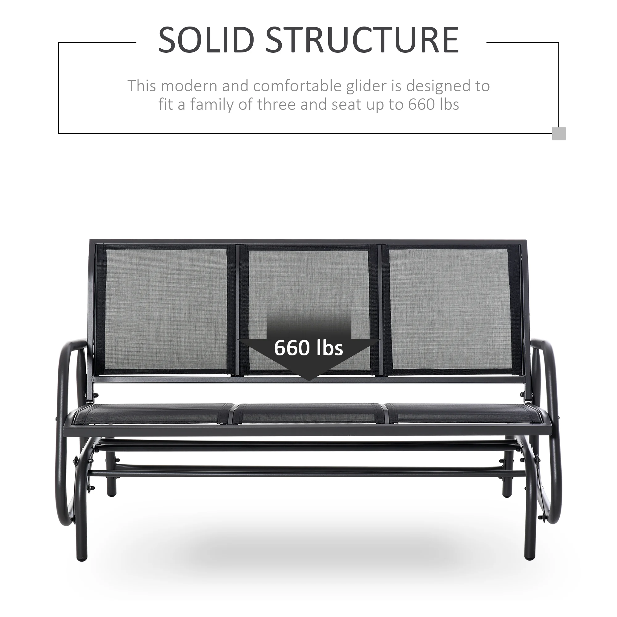 Patio Glider Bench, Outdoor Porch Glider Swing with 3 Seats, Breathable Mesh Fabric, Metal Frame, Black(Black) Image 5