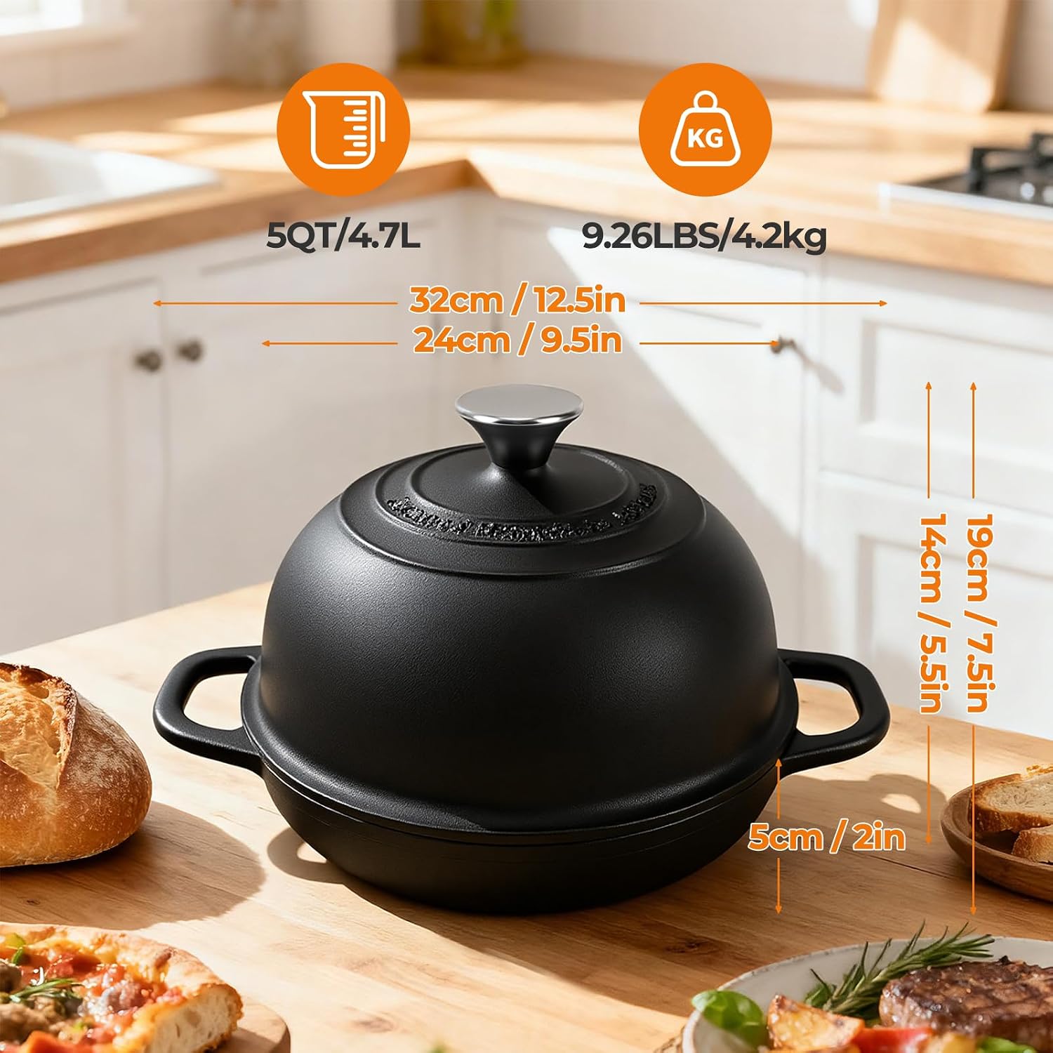 5QT Pre-Seasoned Cast Iron Dutch Oven for Bread Baking, Dutch Oven with Domed Lid, Sourdough Bread Baking Supplies, Multi-Functional Bread Pan for Baking, Frying, Roasting