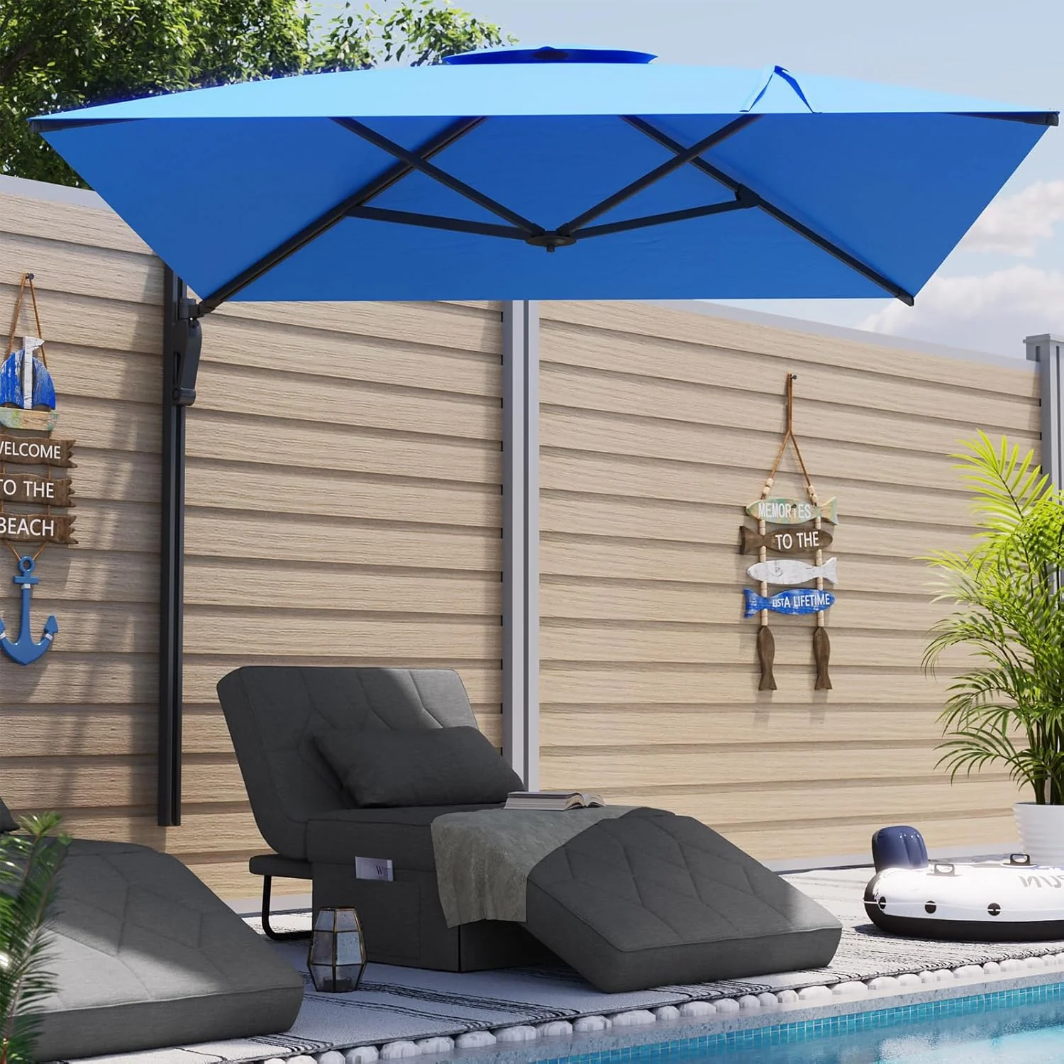 AECOJOY 10ft Cantilever Patio Umbrella, Large Rectangle Umbrella 180° Rotation Offset, Blue