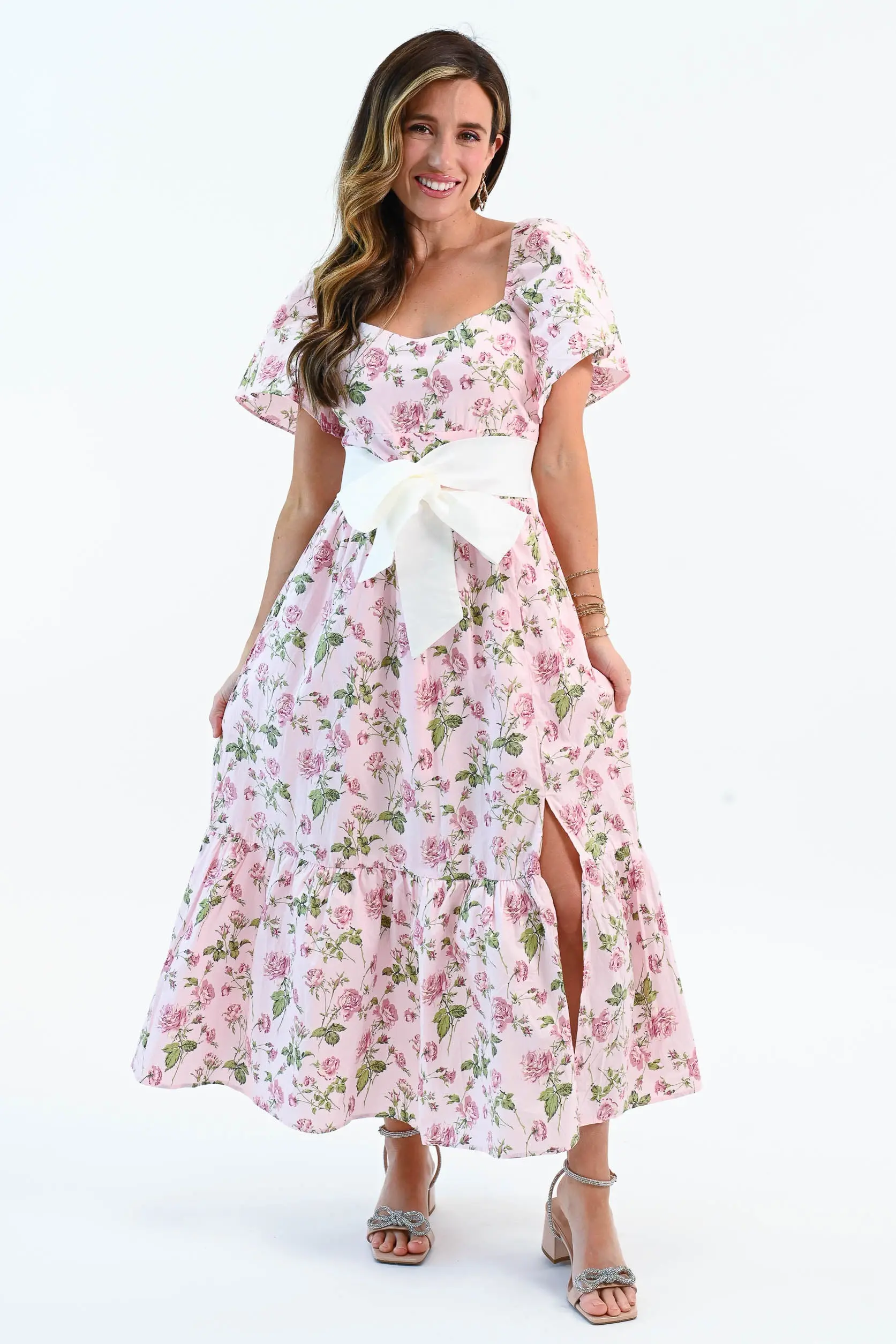 Sending You Love Bow Belt Floral Flutter Sleeve Dress