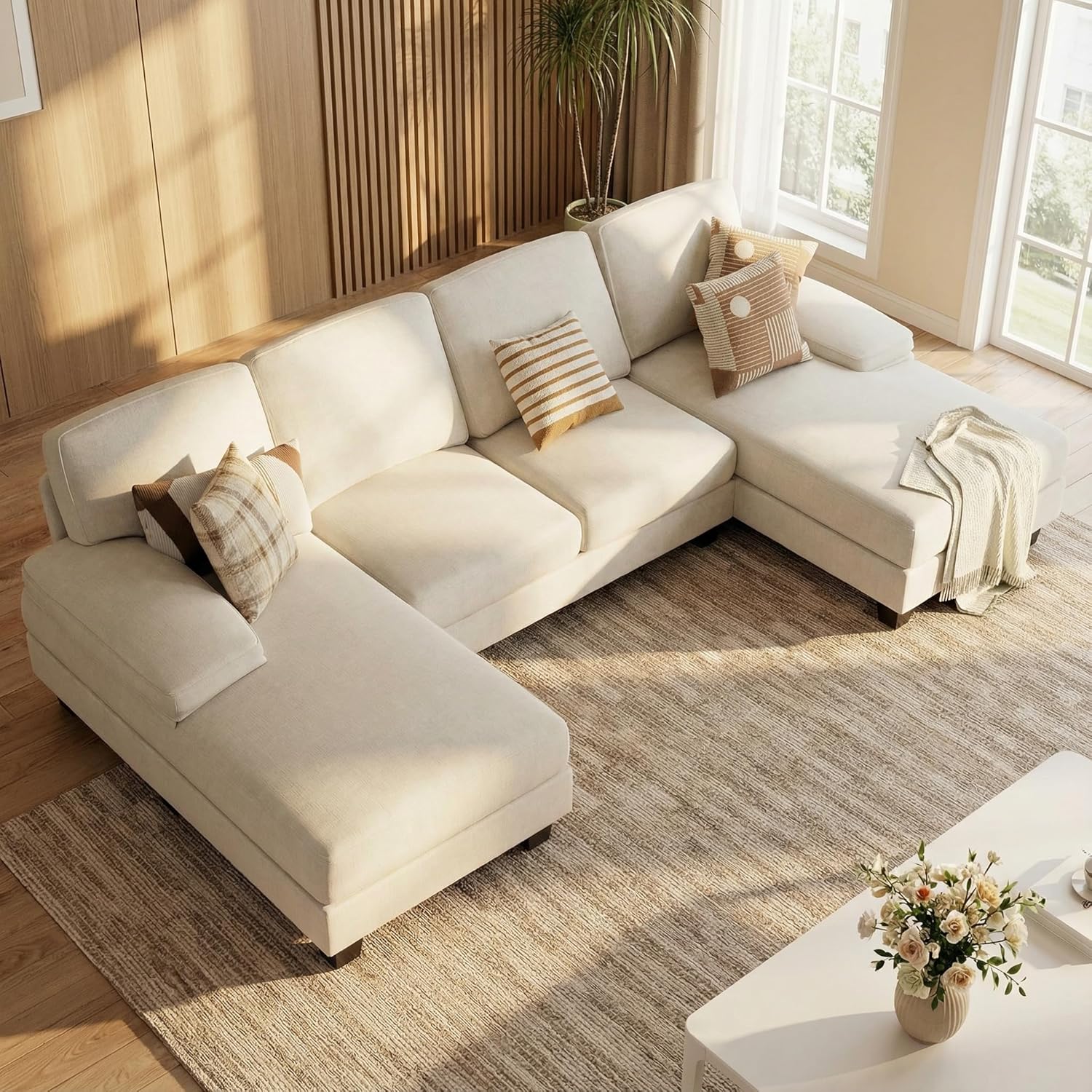 Homall Modular Sectional U Shaped Sofa Couches for Living Room, Comfy Chenille 4 Seat Sofa Set with Removable Pillows, Lounge Chaise Upholstered Couch for for Apartment (Chenille, White)