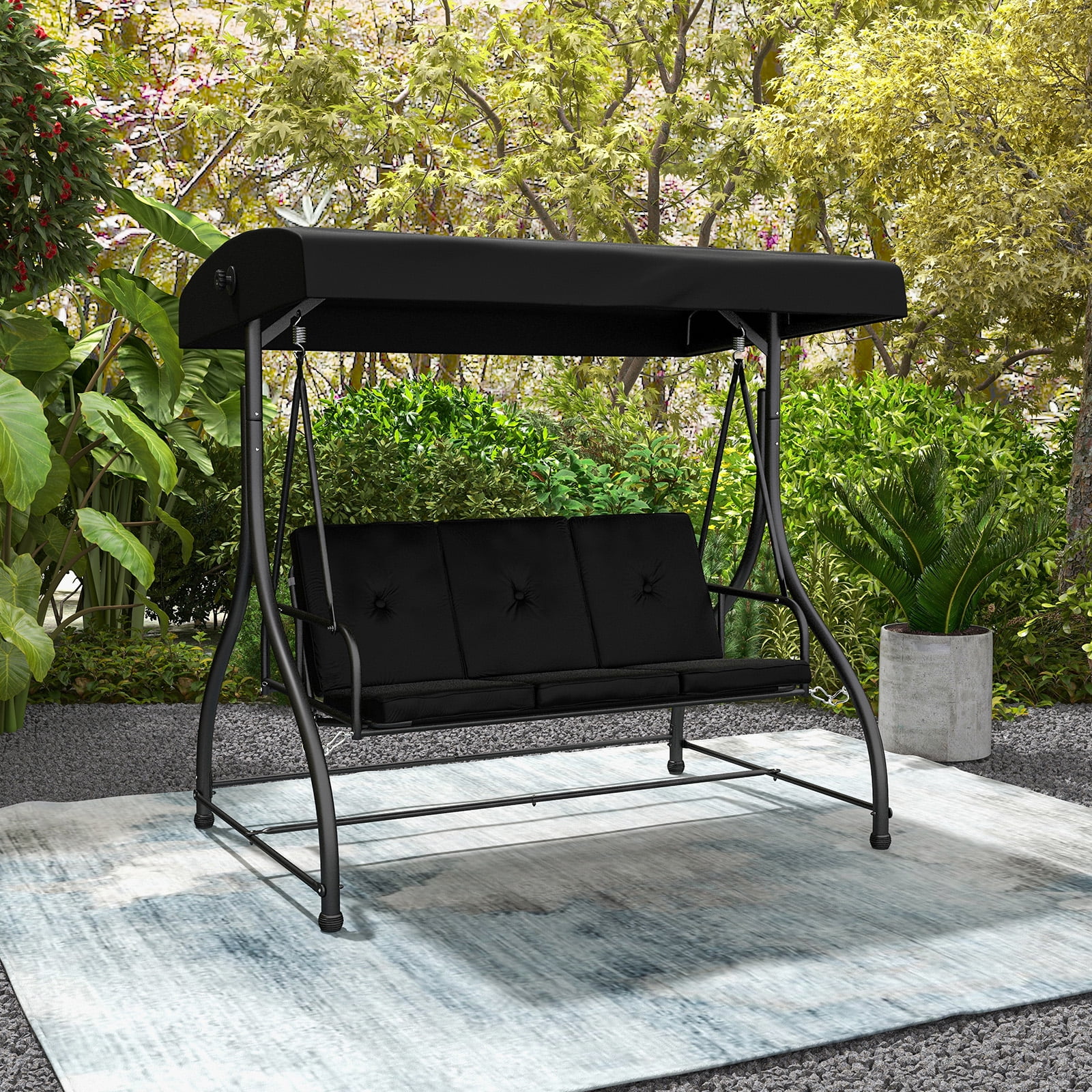3-Seat Outdoor Converting Patio Swing Glider Adjustable Canopy Porch Swing Black(Black) - Image 2