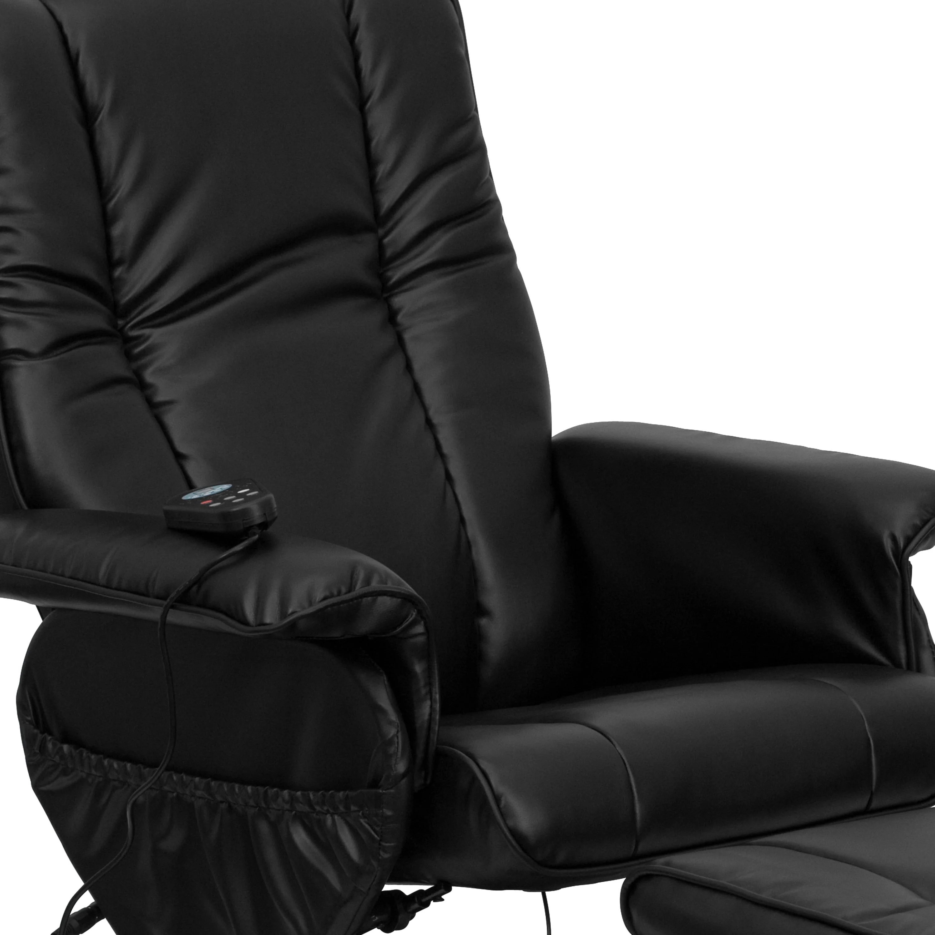 Bizchair Massaging Heat Controlled Adjustable Recliner and Ottoman with Wrapped Base in Black Leathersoft
