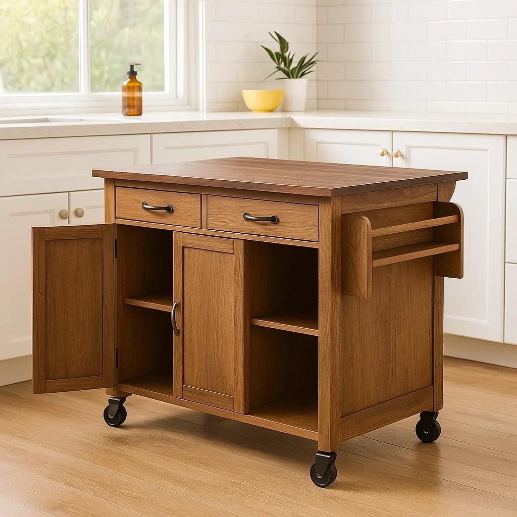 Kkken, kkkenskab, med hjul, 2 skuffer, 2 bne hylder og 2 rum med dre, strrelse 80x40x85 cm, til almindeligt kkken - FKOCzhsi5yGH