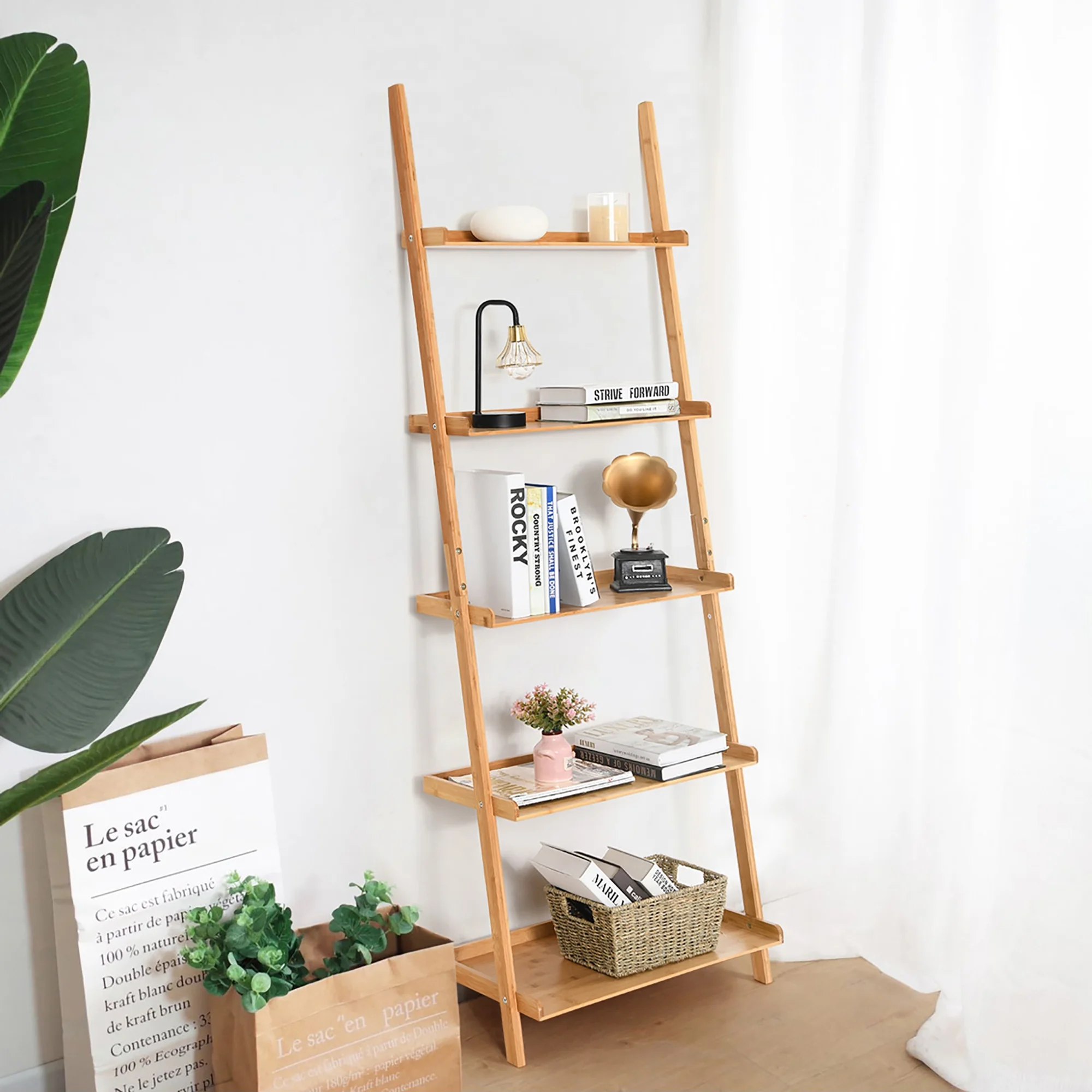 Costway 5 - Tier Ladder Shelf Bamboo Bookshelf Wall - Leaning Storage Display Plant Stand