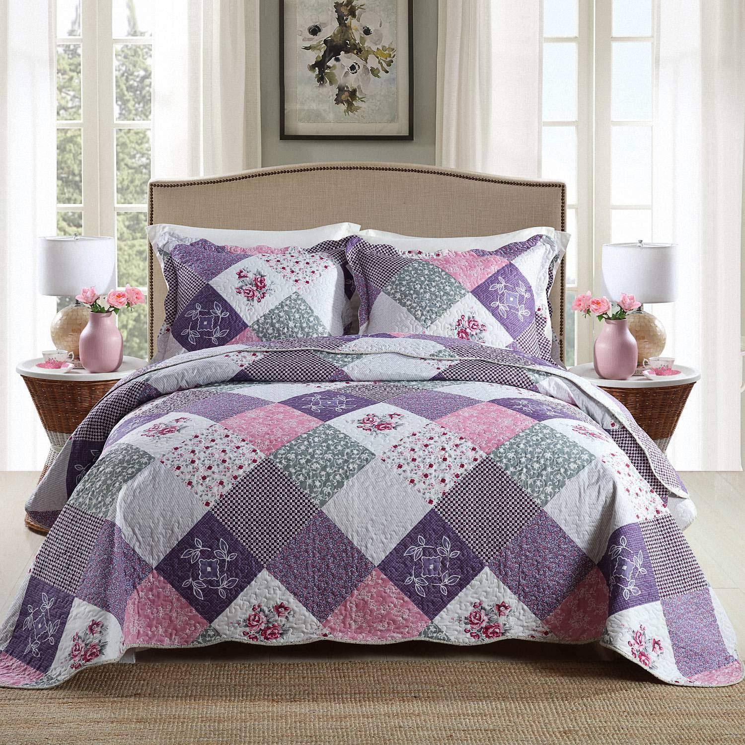 HoneiLife Quilt Set Twin Size - 2 Piece Microfiber Quilts Reversible Bedspreads Patchwork Coverlets Floral Bedding Set All Season Quilts with Geometri