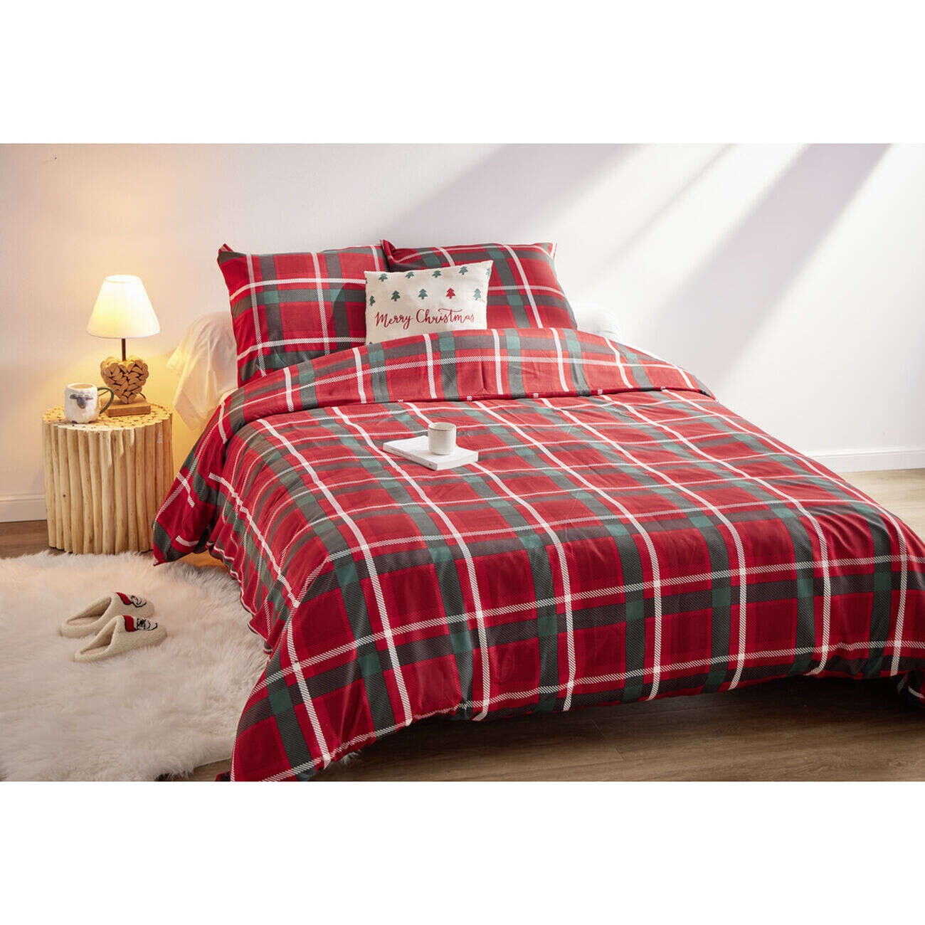 Parure de lit 2 personnes 240x220cm Noël tartan rouge