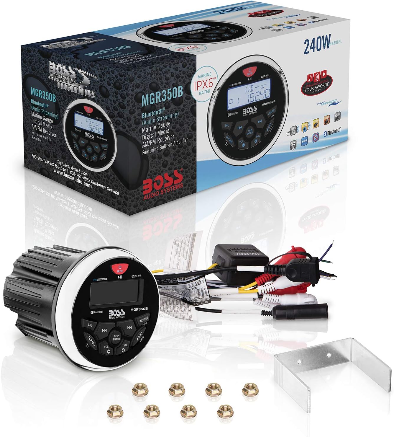 BOSS Audio Systems MGR350B Marine Boat Stereo Gauge Receiver – Bluetooth Head Unit  No CD DVD Player  Built-in 4 Channel Amplifier  Weatherproof  USB  USB Charging