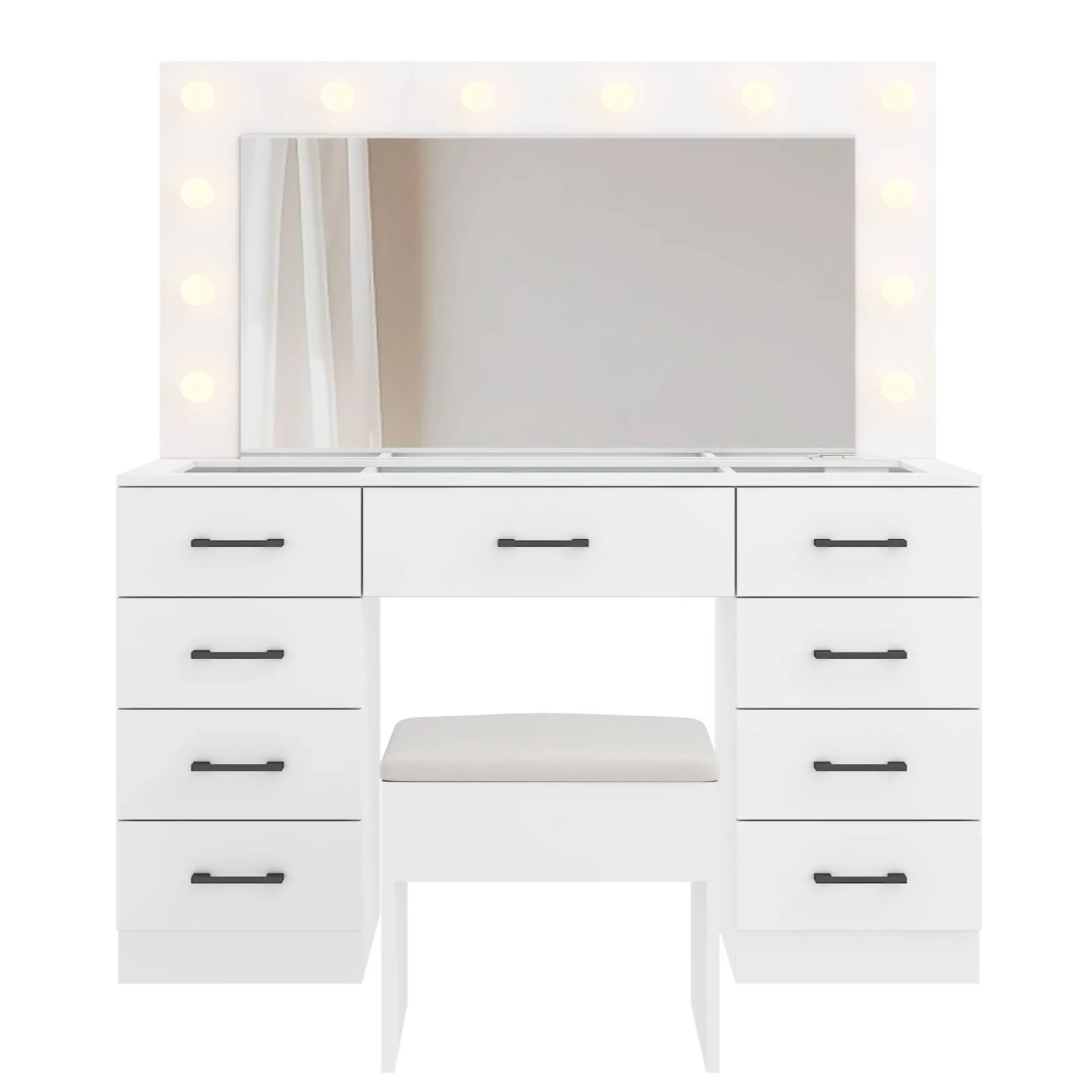 Large Makeup Vanity, Vanity Table Set w/ Visible Glass Top w/ Charging Station, White(White-9 Drawer) - Image 8
