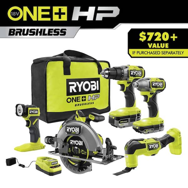 ONE+ HP 18V Brushless Cordless 5 Tool Combo Kit with 4 0 Ah and 2 0 Ah HIGH PERFORMANCE Batteries, Charger, and Bag