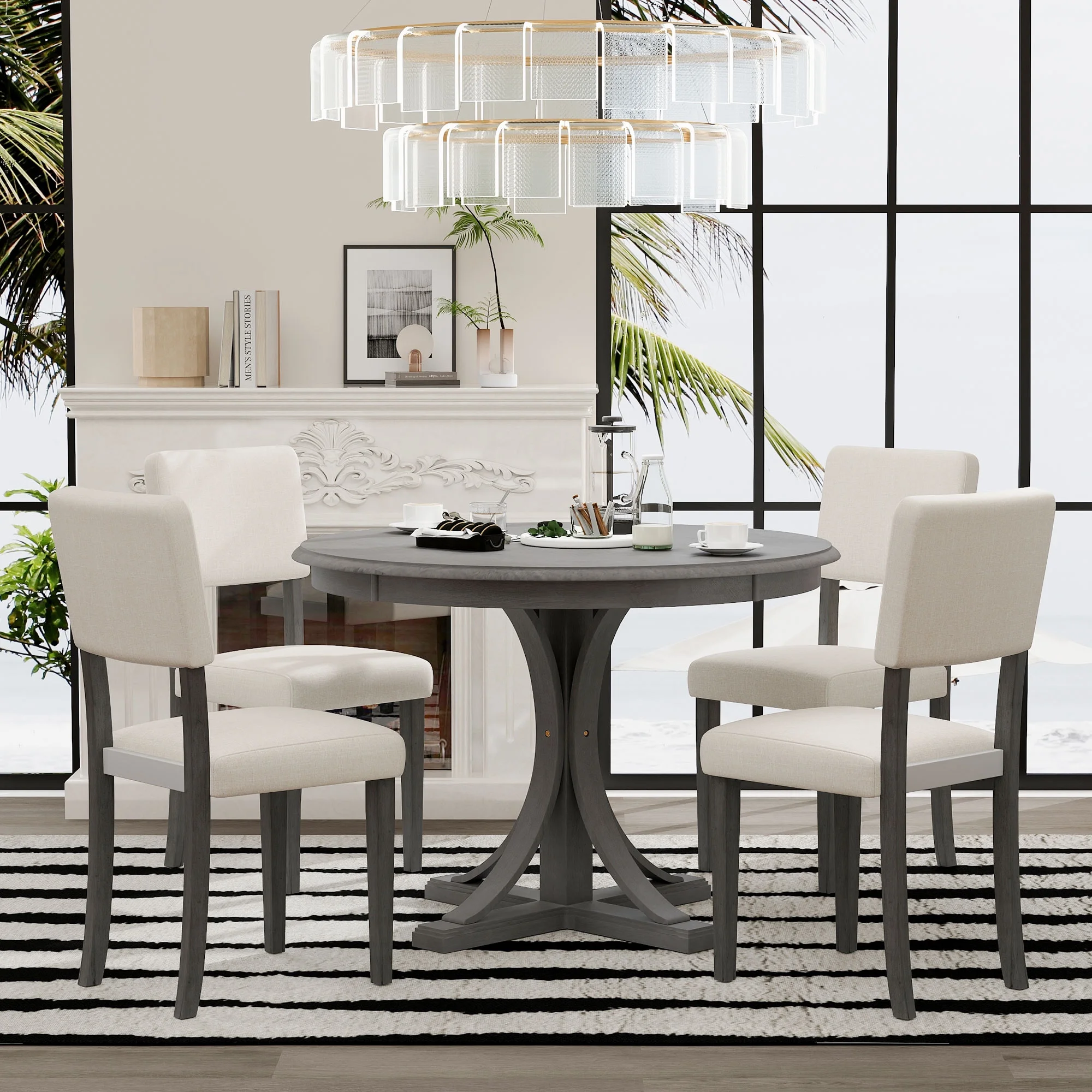5 Piece Retro Round Dining Table Set with 4 Upholstered Chairs, Wood Dining Table with Curved Trestle Style Legs(Gray) - Image 6