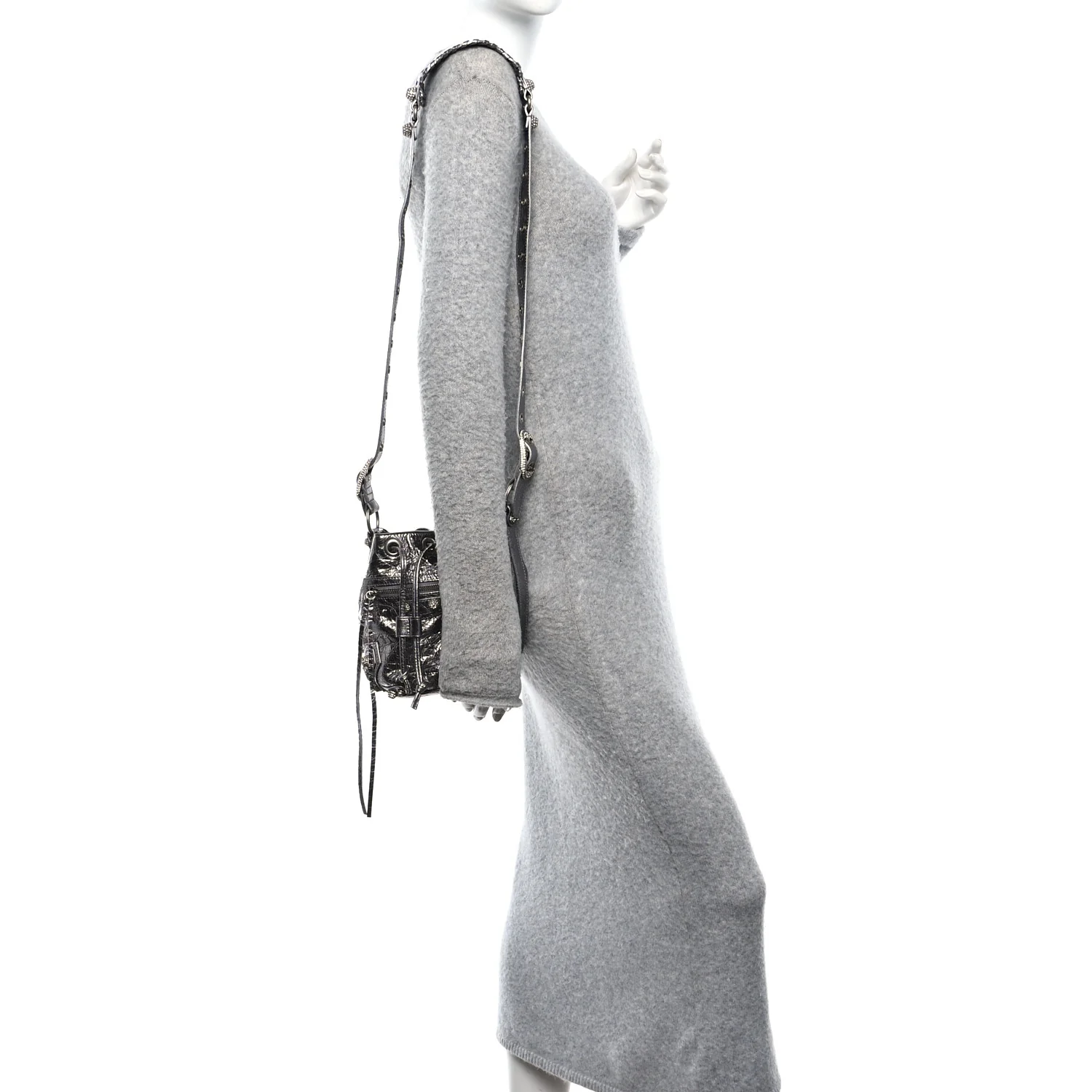 Metallic Agneau Arena Crystal Le Cagole Bucket Bag XS Silver