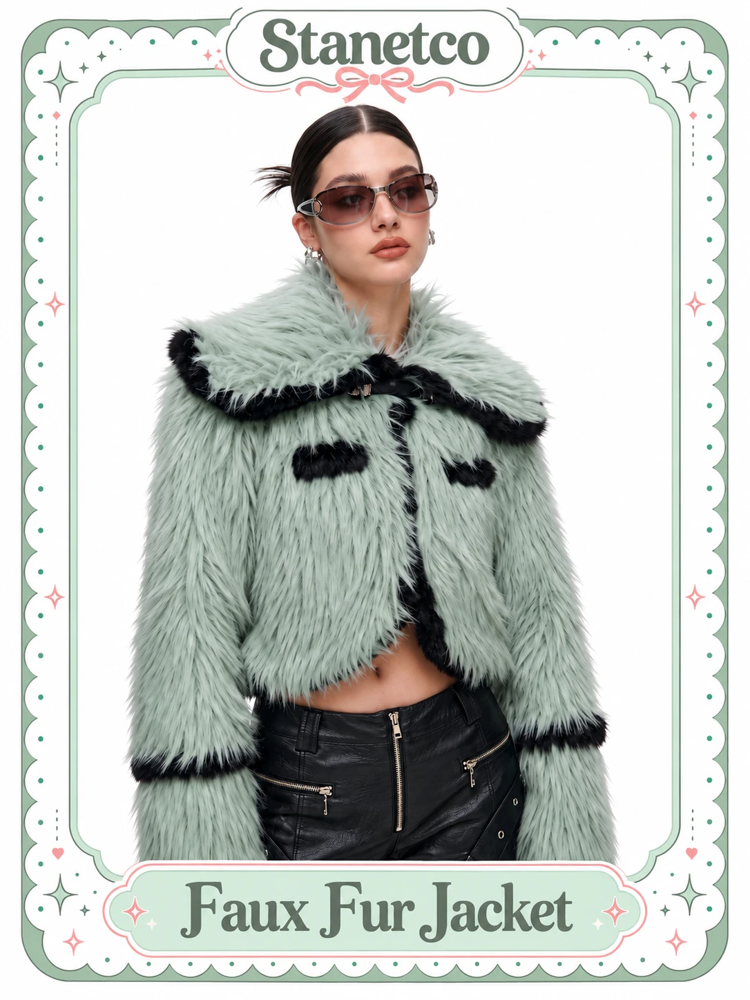 Woman wearing a mint green cropped faux fur jacket