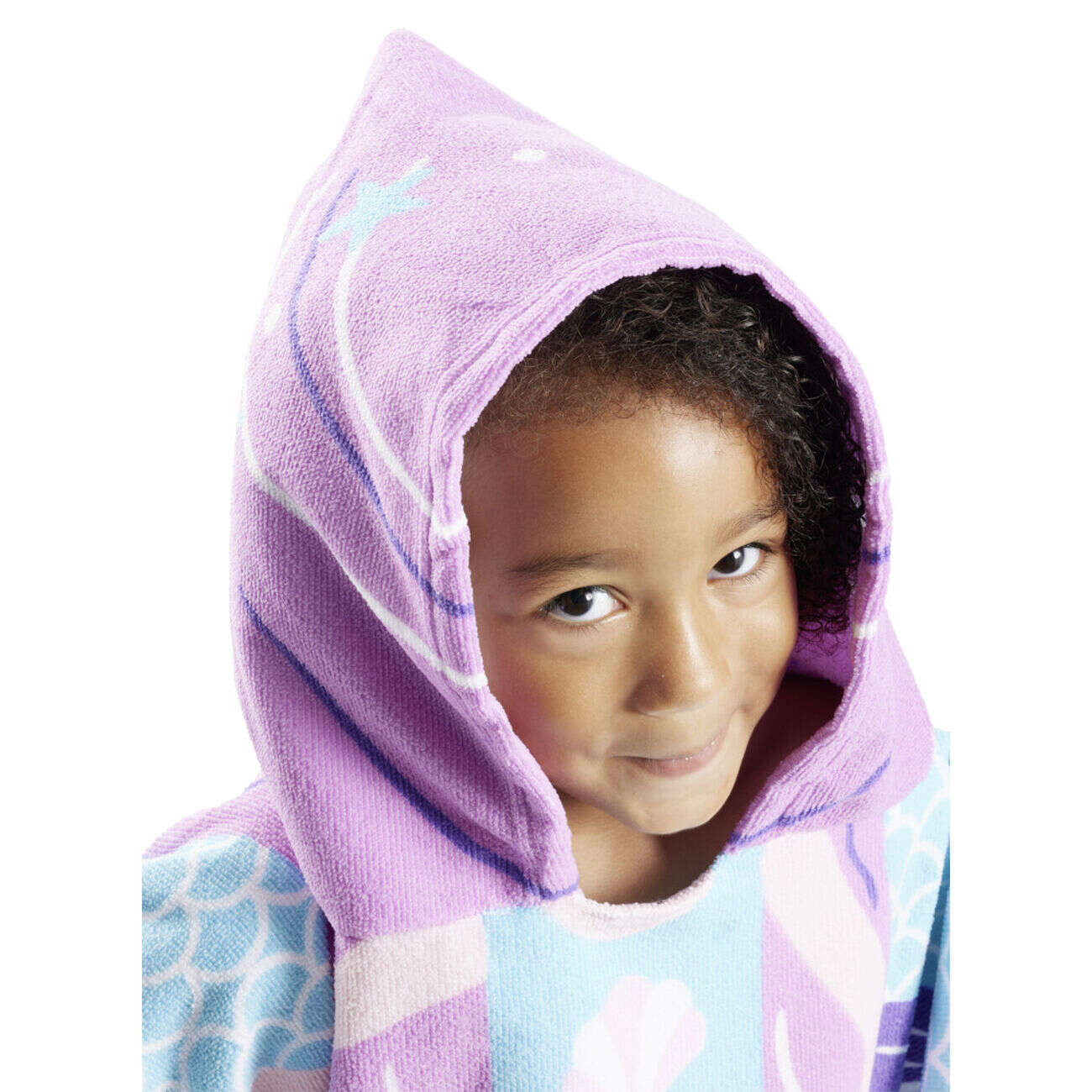 Poncho sortie de plage enfant avec capuche motif sirène bleu 60x60xH120cm