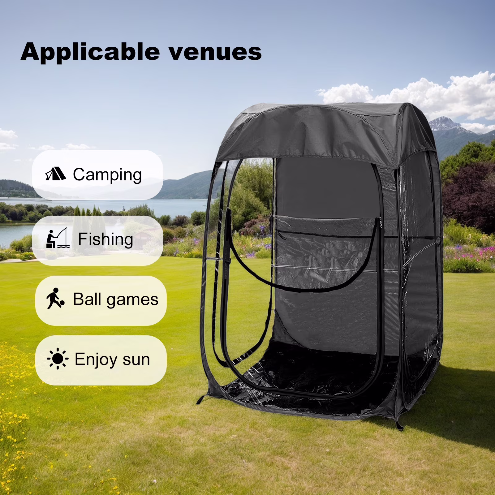 Portable Pop Up Tent, Instant Setup Sports Shelter for Camping/Fishing, Wind Rain Protection, Lightweight Compact Carry (21"), Black