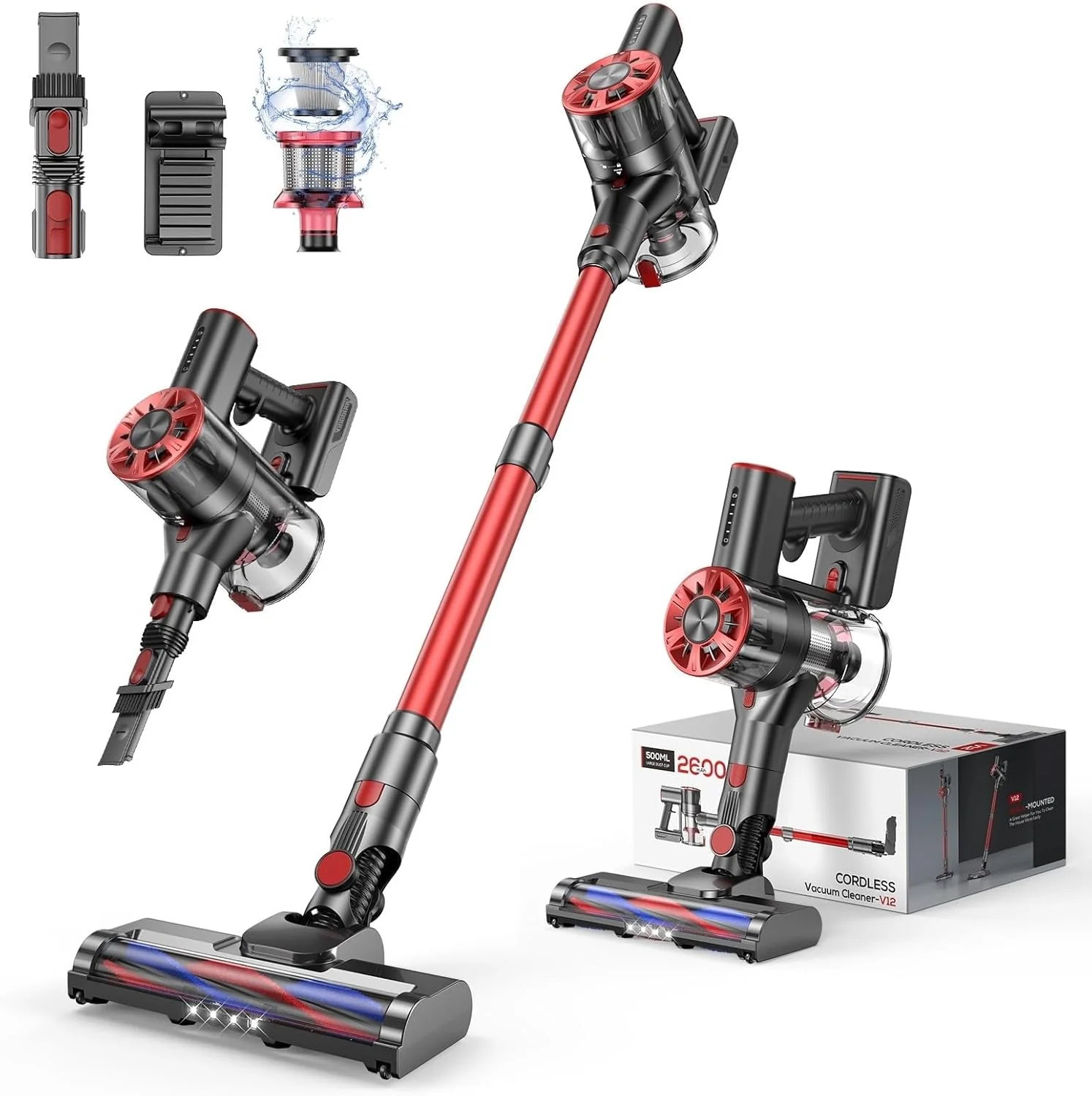 Aspirateur balai sans fil pour la maison, puissant et léger, 4 en 1, 80 000 tr/min, 2 niveaux d'aspiration réglables, autonomie maximale de 40 minutes, batterie rechargeable 2 600 mAh (rouge vif).