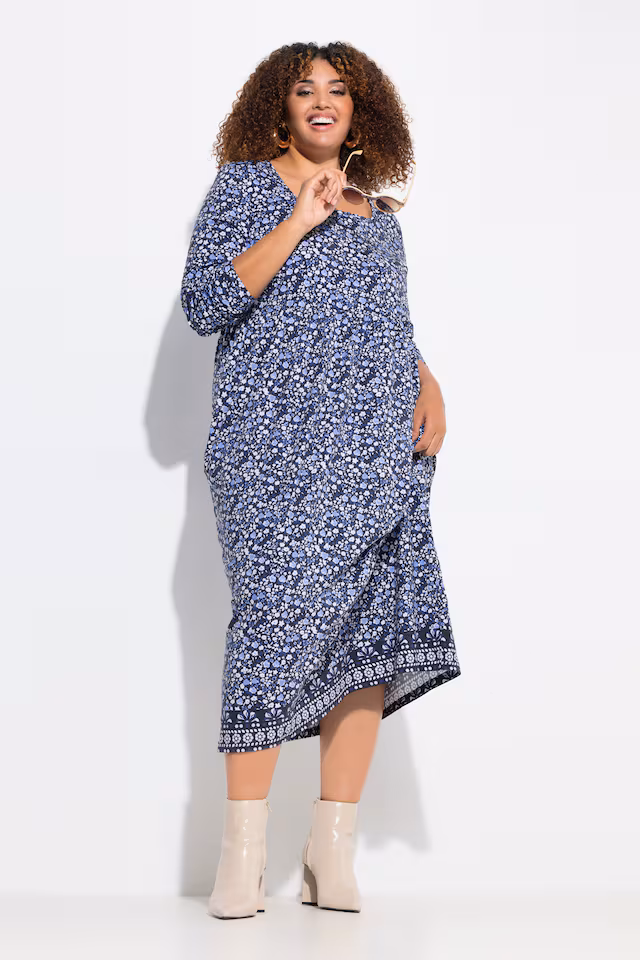 Floral Square Neck Long Sleeve Matte Jersey Dress