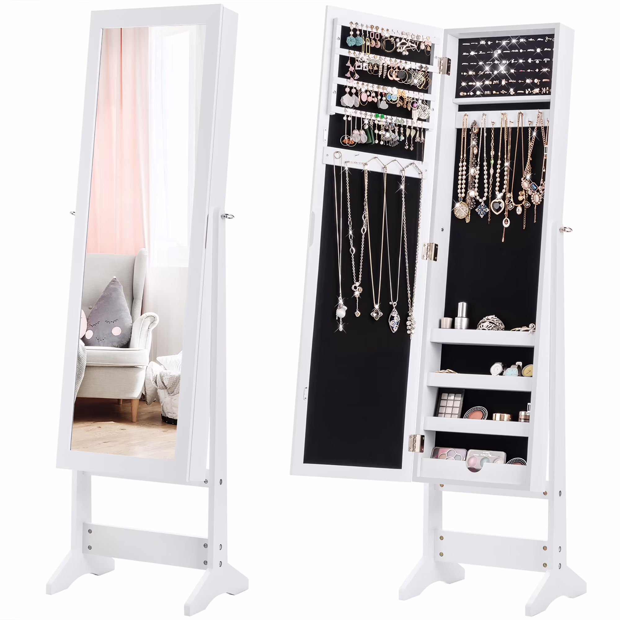 Jewelry Mirrored Cabinet Armoire Organizer Storage Box w/ Stand Christmas Gift(Black) - Image 3