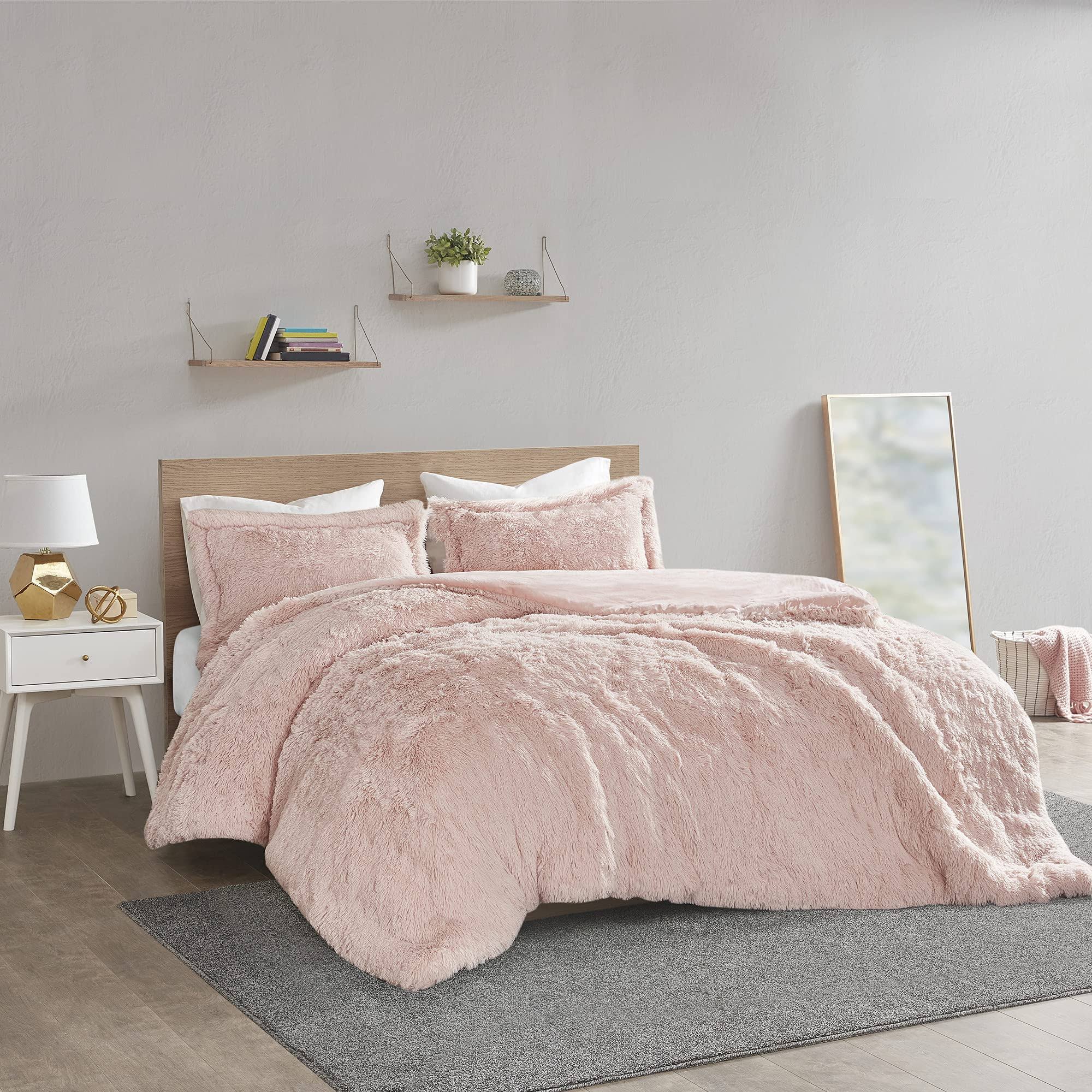 Intelligent Design - Malea Shaggy Fur Duvet Cover Set - Twin - Blush