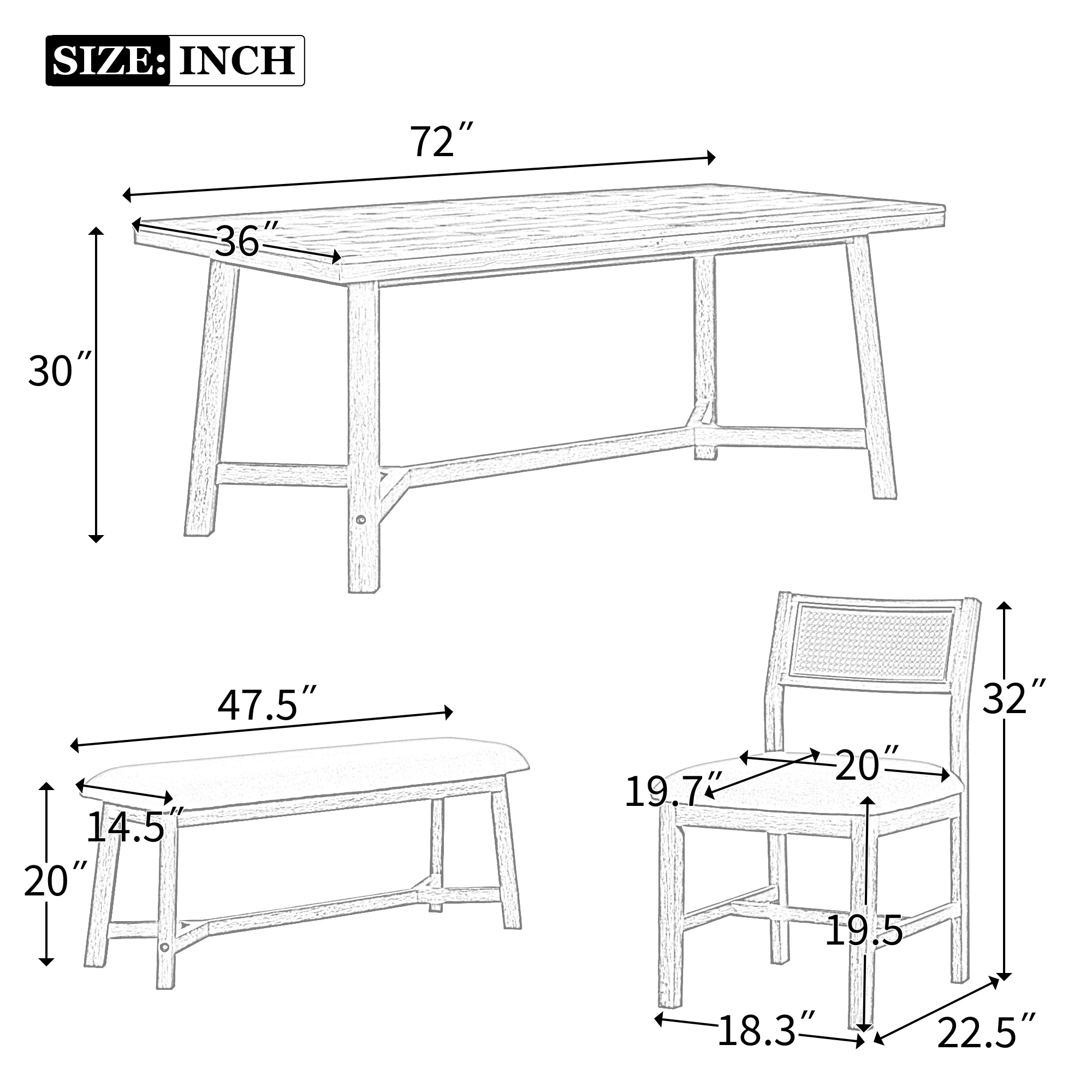 Prehome 6 - Piece Retro Farmhouse Dining Set, Wood Rectangular Table and 4 Upholstered Rattan Chairs, Bench, Dining Table Set for 5 - 7, Dining Table Set for Kitchen Dining Room Dorm Apartment, Wood Wash