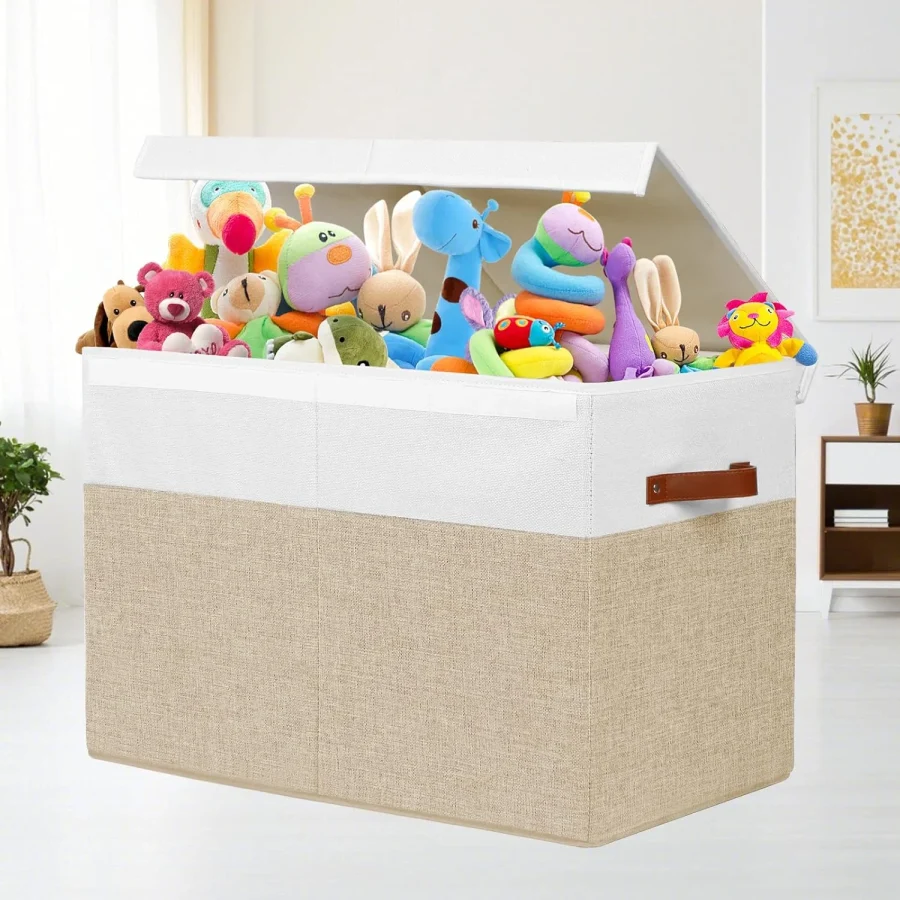 Playroom Toy Chest With Lid, Beige White 35.5 Inch