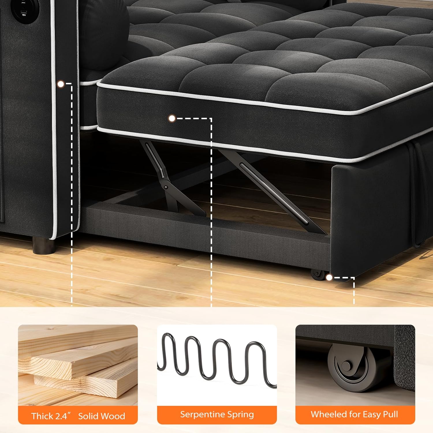 Canapé-lit convertible 3 en 1 Pipishell, canapé gigogne pour salon avec ports USB et poches latérales, dossier réglable, velours, canapé-lit deux places, canapé futon, noir