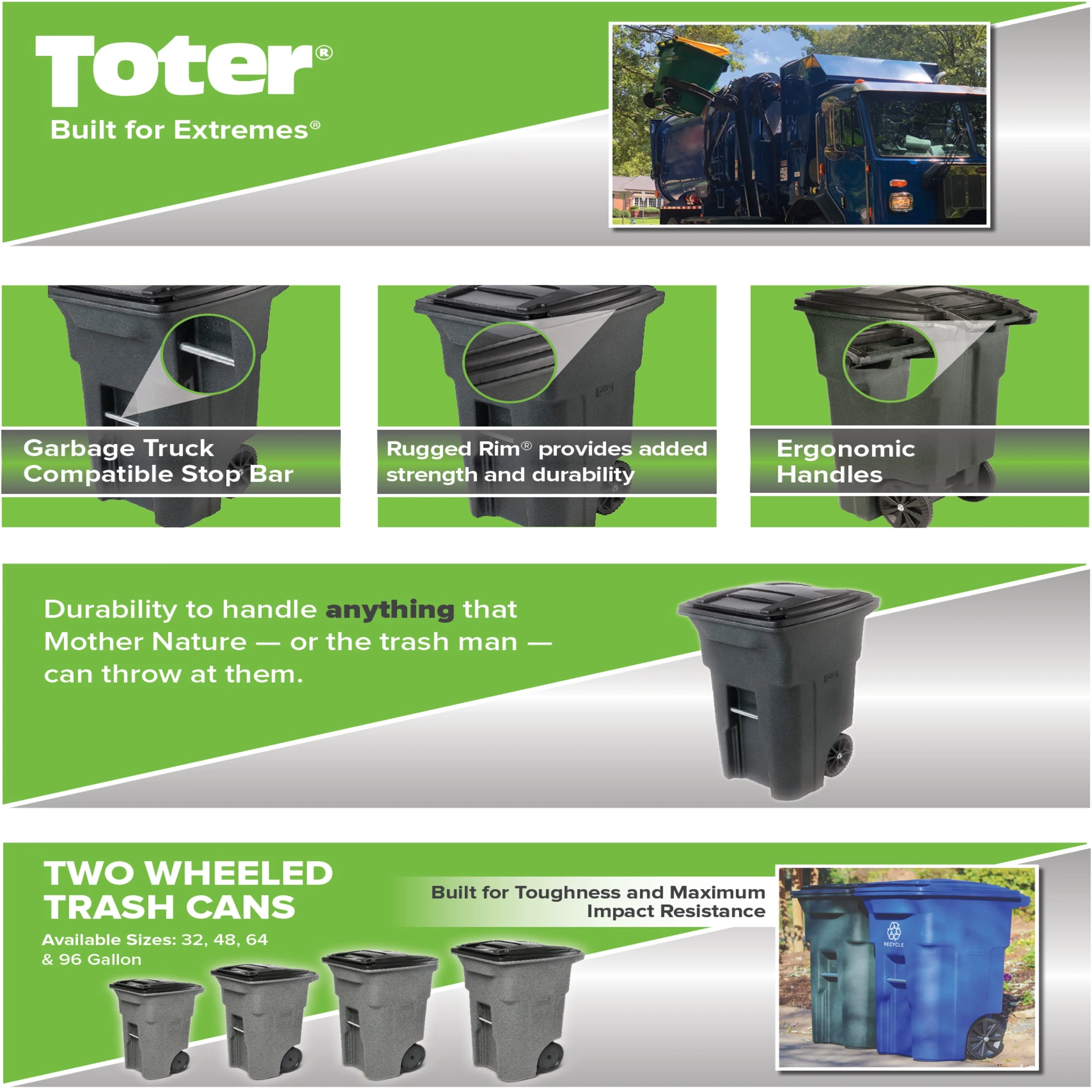 Toter 64 Gallon Black Garbage Can with Wheels and Lid