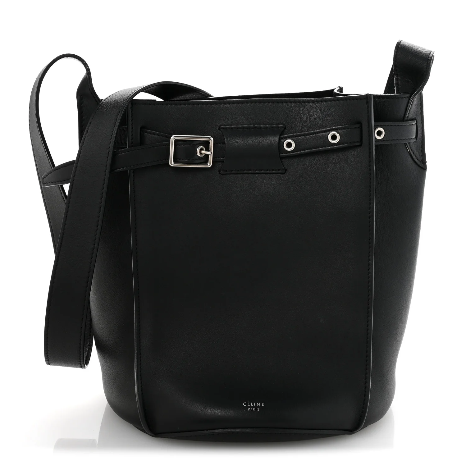 Supple Grained Calfskin Long Strap Big Bag Bucket Black