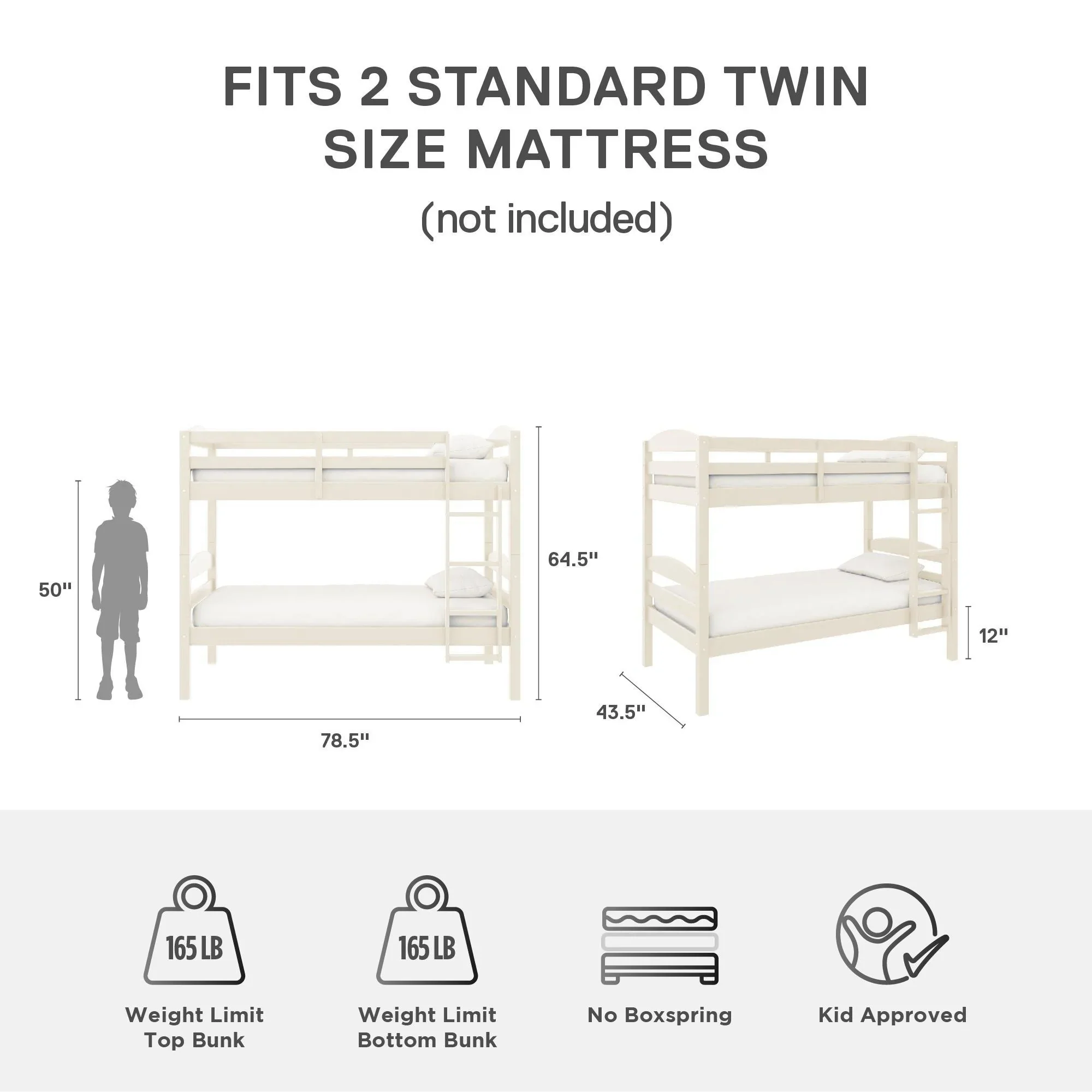 Better Homes & Gardens Leighton Solid Wood Twin-over-Twin Convertible Bunk Bed, Vanilla