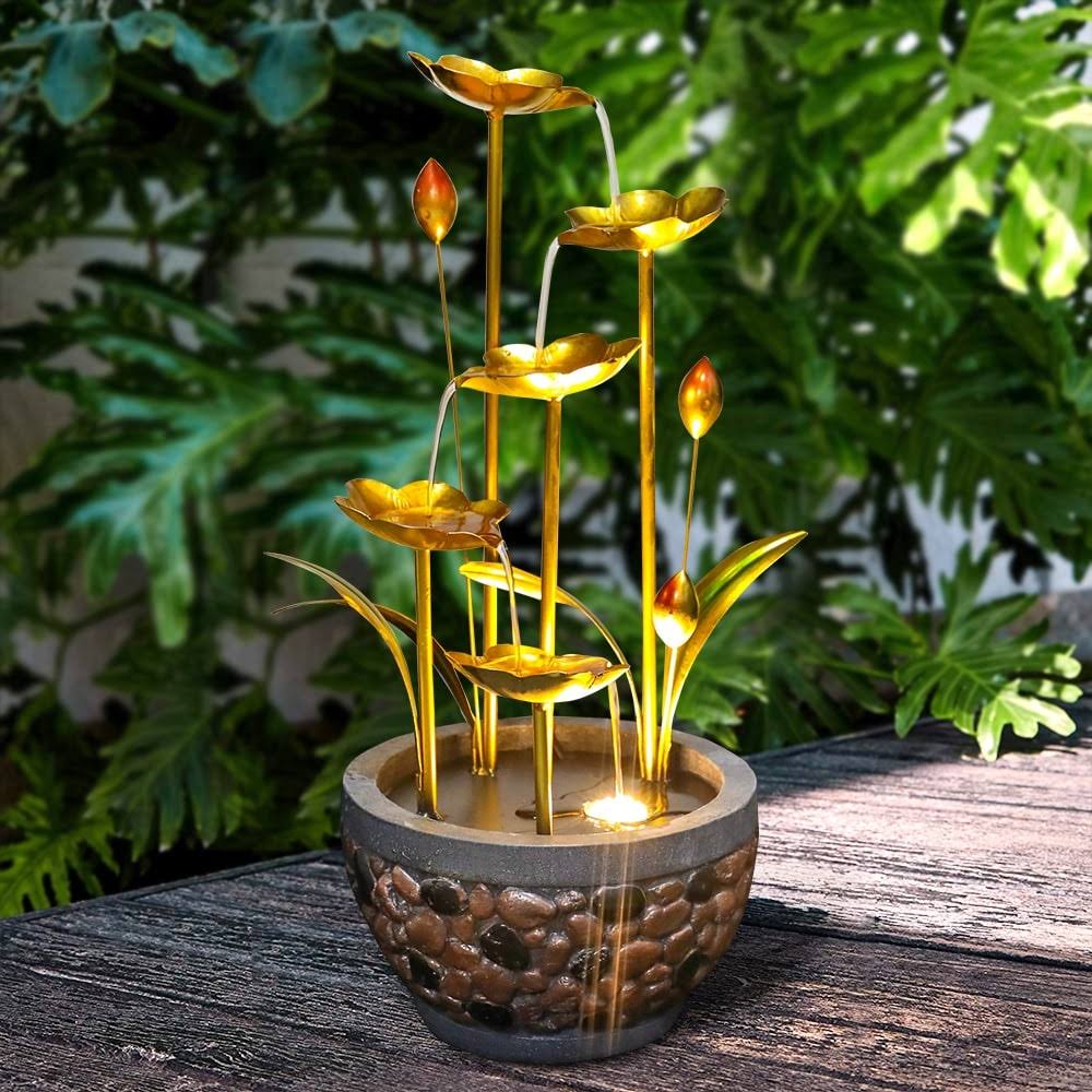 Flower Blossoms Garden Water Fountain w/Light Matel Waterfall Fountain - Polyresin/Metal - Floor/Lighted - Yellow