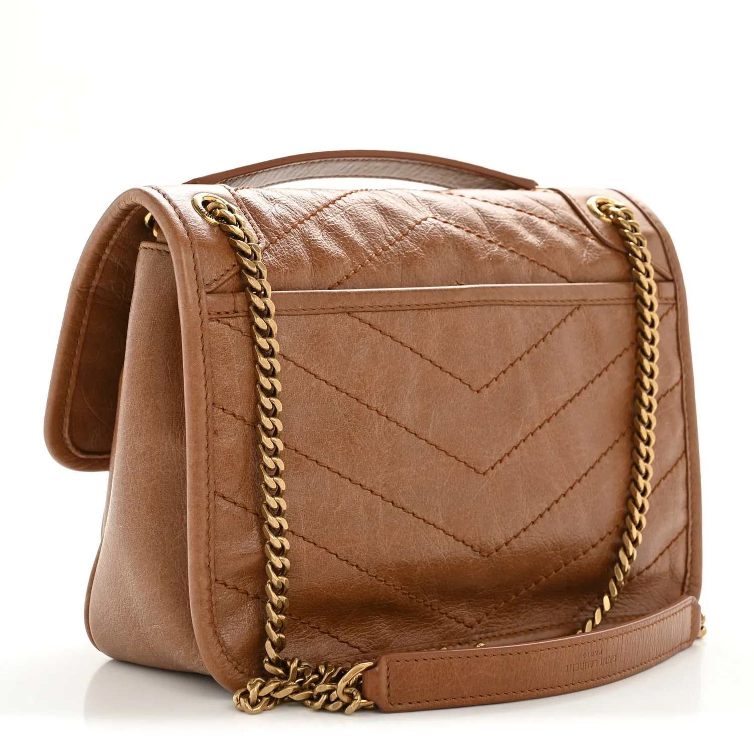 Crinkled Calfskin Matelasse Monogram Baby Niki Chain Satchel Light Caramel