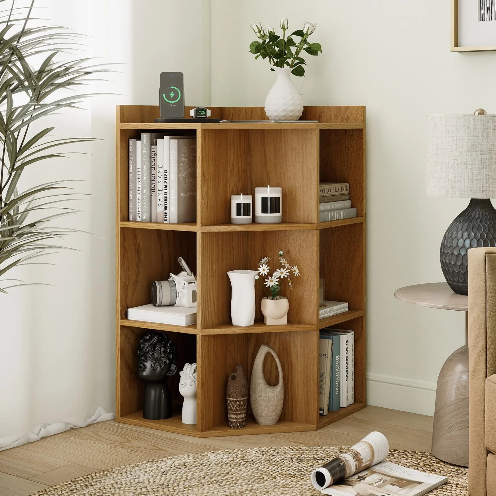 Tangkula 9 Cube Corner Bookshelf with Charging Station