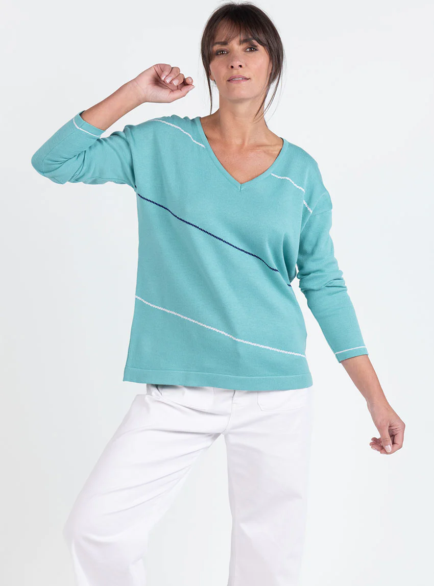 Pull femme col V en coton vert