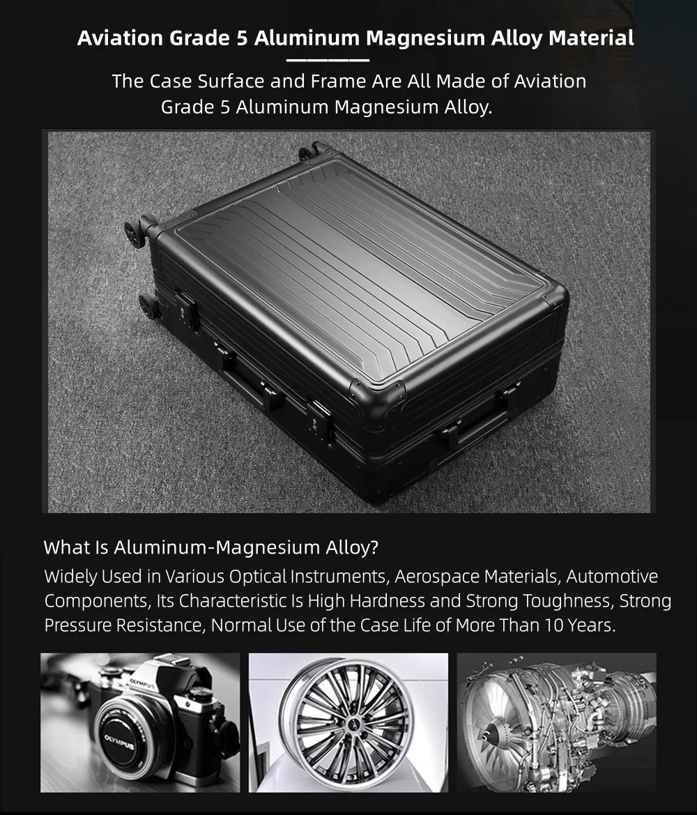 All Aluminum Magnesium Hardshell Carry on Luggage with Wheels, Modern Zipperless Hardshell Checked Luggage with TSA Lock, Airline Approved Metal Suitcase Travel Metal Rolling Luggage